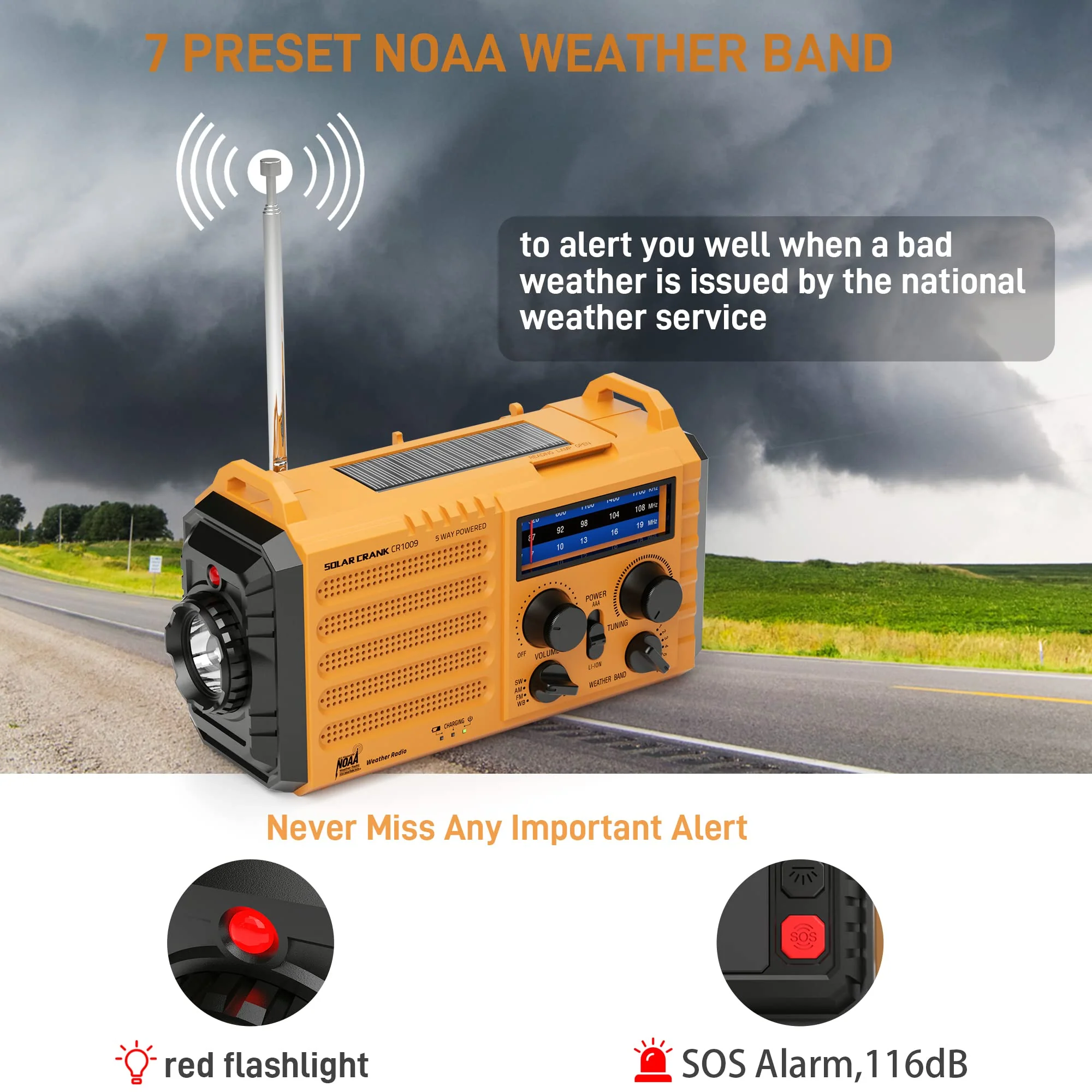 Eoxsmile Emergency Radio with NOAA Weather Alert, 5000mAh Solar Hand Crank Portable AM/FM Shortwave Radio, Rechargeable Battery Powered, USB Charger, Flashlight, SOS Alarm for Home Outdoor Survival Yellow - Image 2