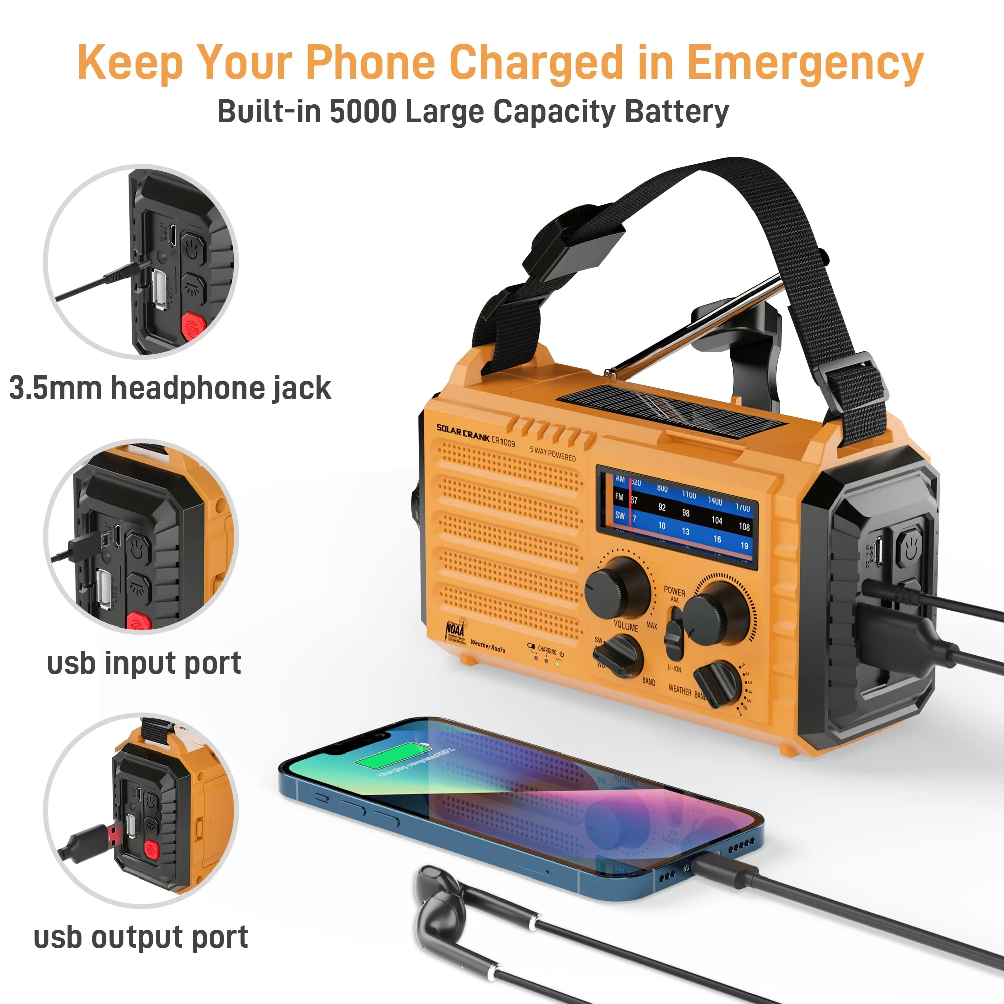 Eoxsmile Emergency Radio with NOAA Weather Alert, 5000mAh Solar Hand Crank Portable AM/FM Shortwave Radio, Rechargeable Battery Powered, USB Charger, Flashlight, SOS Alarm for Home Outdoor Survival Yellow - Image 4