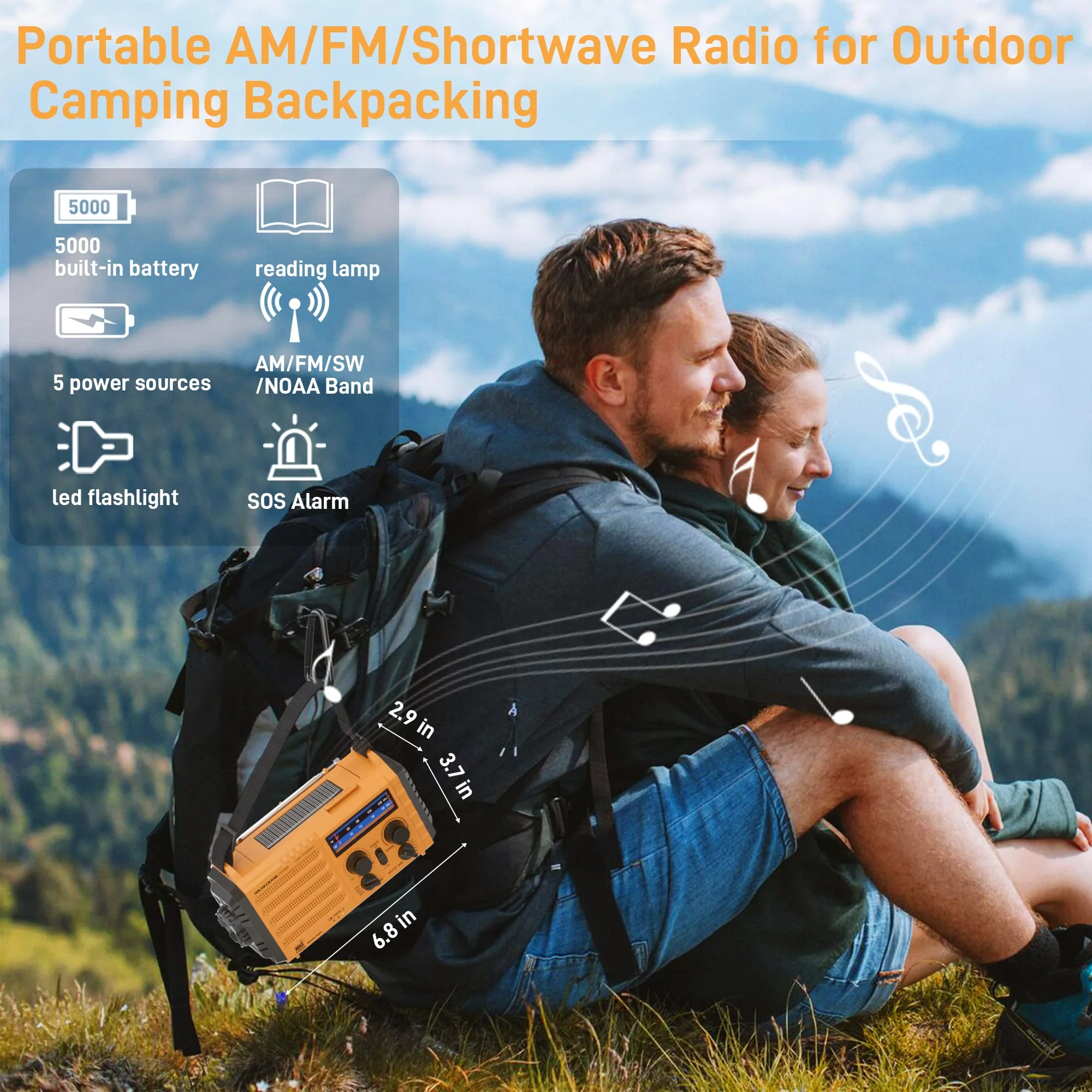 Eoxsmile Emergency Radio with NOAA Weather Alert, 5000mAh Solar Hand Crank Portable AM/FM Shortwave Radio, Rechargeable Battery Powered, USB Charger, Flashlight, SOS Alarm for Home Outdoor Survival Yellow - Image 6