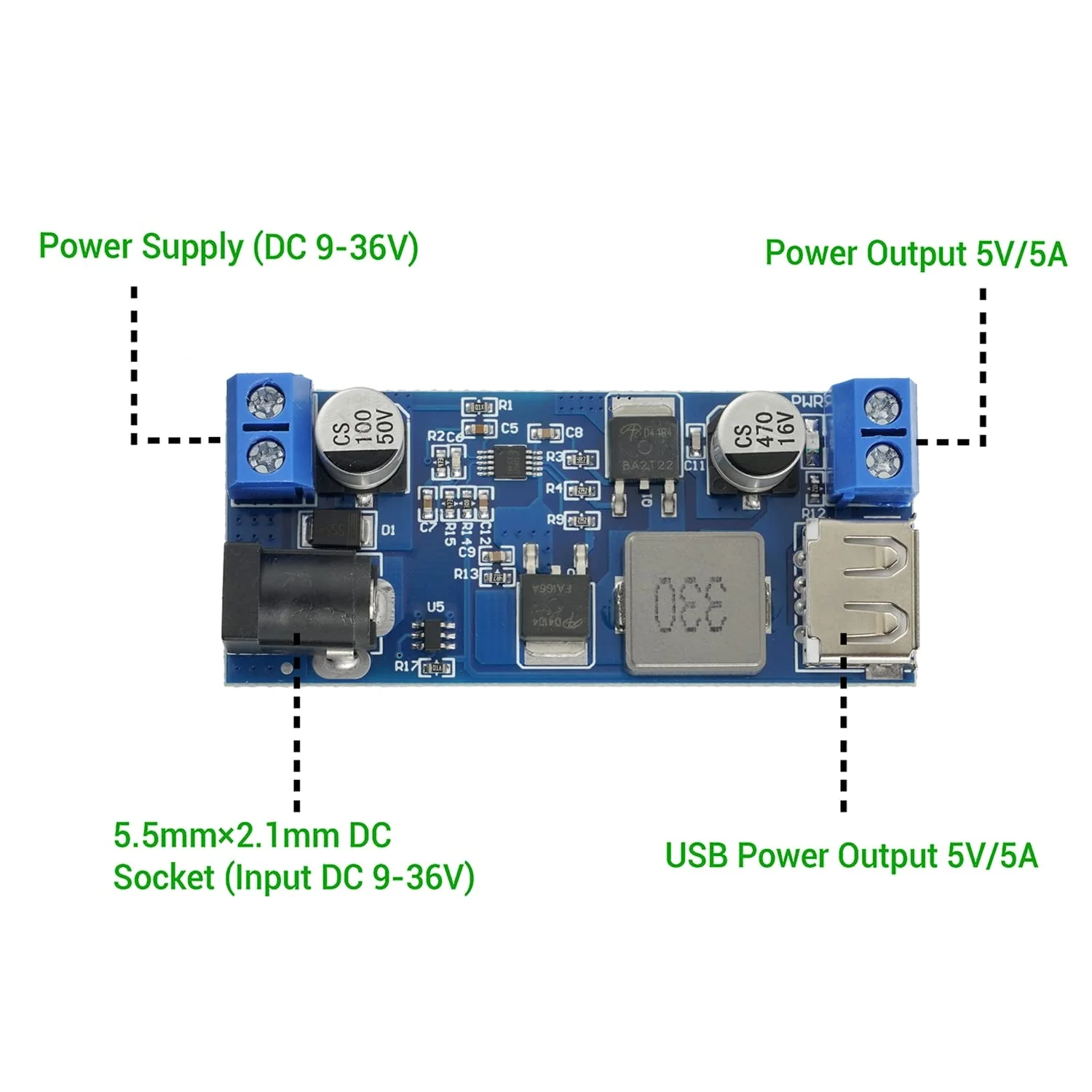 EPLZON DC 6V 9V 12V 24V to DC 5V 5A Step-Down Converter Module V-36V Step-Down Converter to DC 5V-5.3V 5.2V 3.5-6A Transformer Voltage Regulator Power Module with Two Outputs (Pack of 2) - Image 3