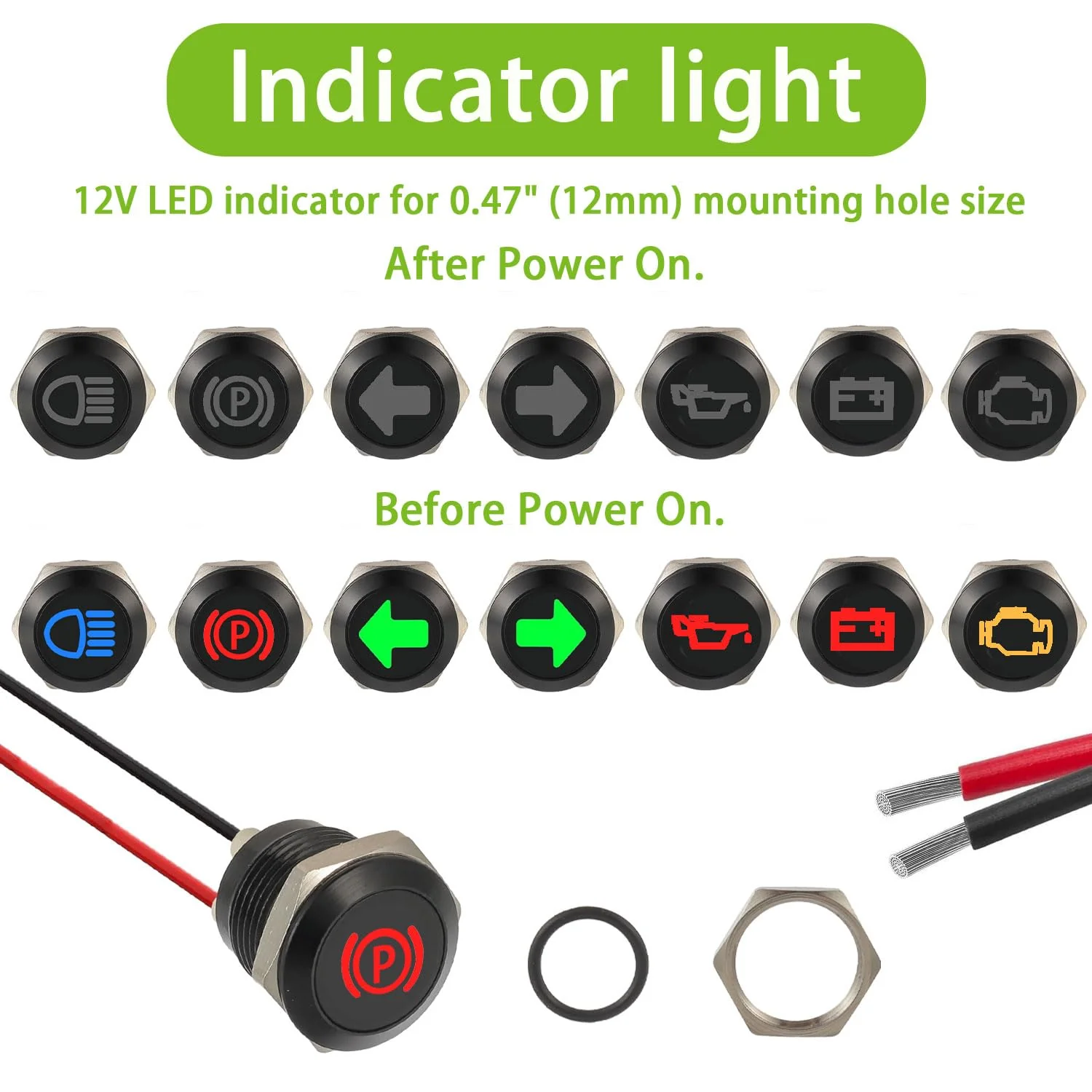 EPLZON Pack of 7 12 mm Waterproof Signal Light LED Indicator Light, DC 12 V/24 V LED Metal Indicator Light with 150 mm Cable for Motorcycles Cars Trucks Tractors RV ATV 7 Stück - Image 3