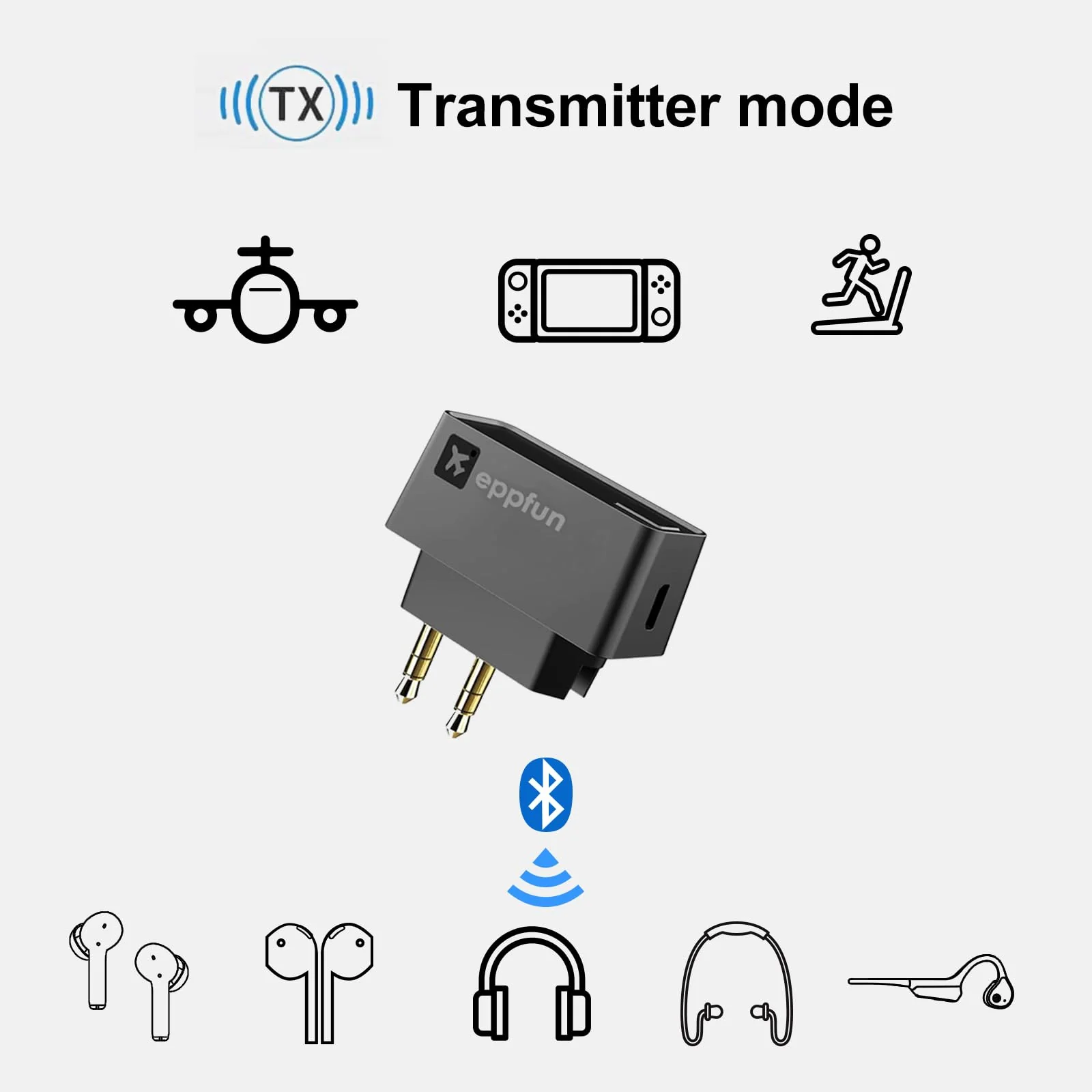 eppfun Professional Bluetooth 5.2 Transmitter for Airplane, Dual Connection Wireless Audio Adapter with aptX Low Latency/Aptx HD for Earbuds/Headphones - Image 3