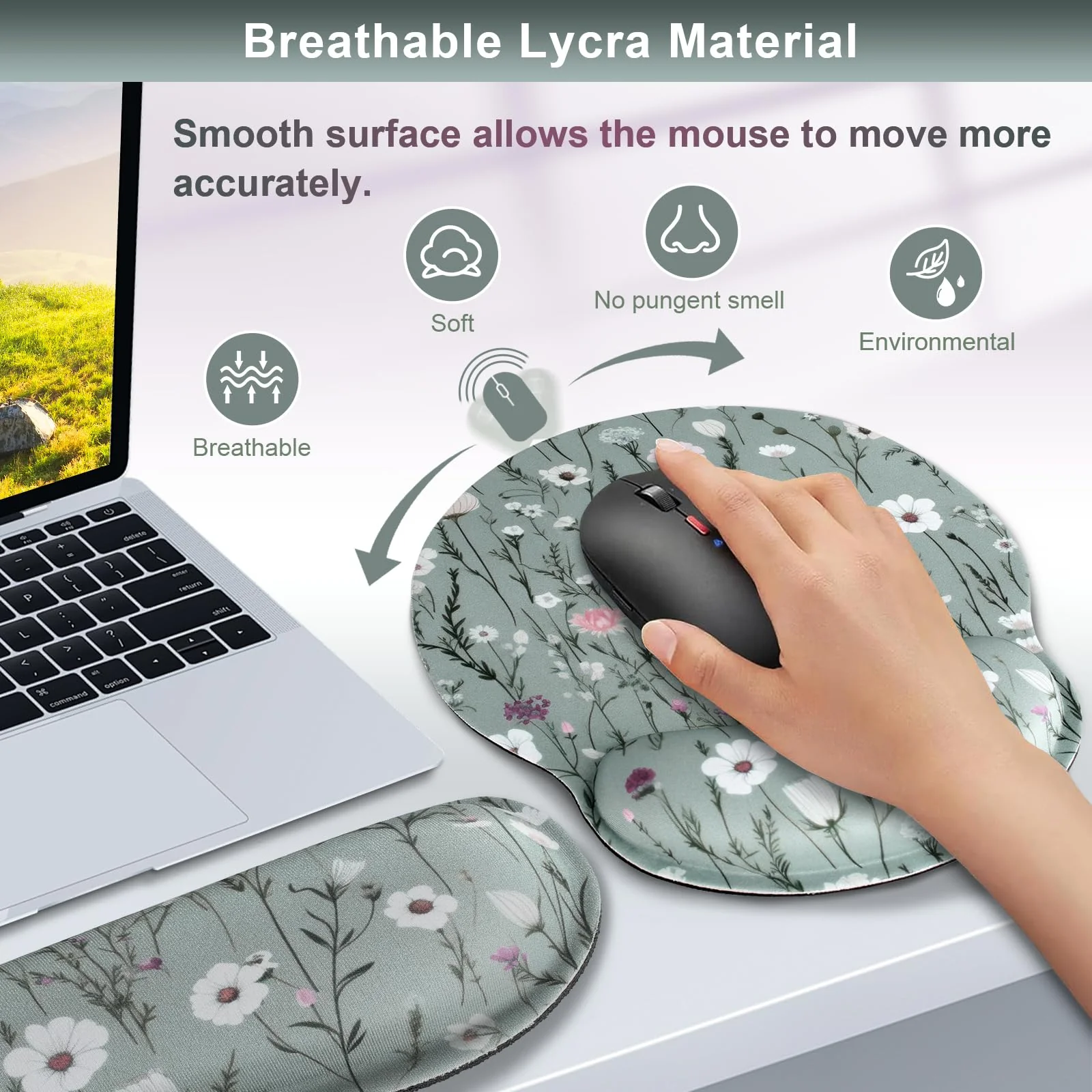 Ergonomic Mouse Pad and Keyboard Wrist Rest, Green Floral Mouse Pad with Wrist Rest Set, Daisy Flower Memory Foam Mouse Pad with Wrist Support and Keyboard Pad for Women, Office, Gaming Wildflower Daisy Floral - Image 3