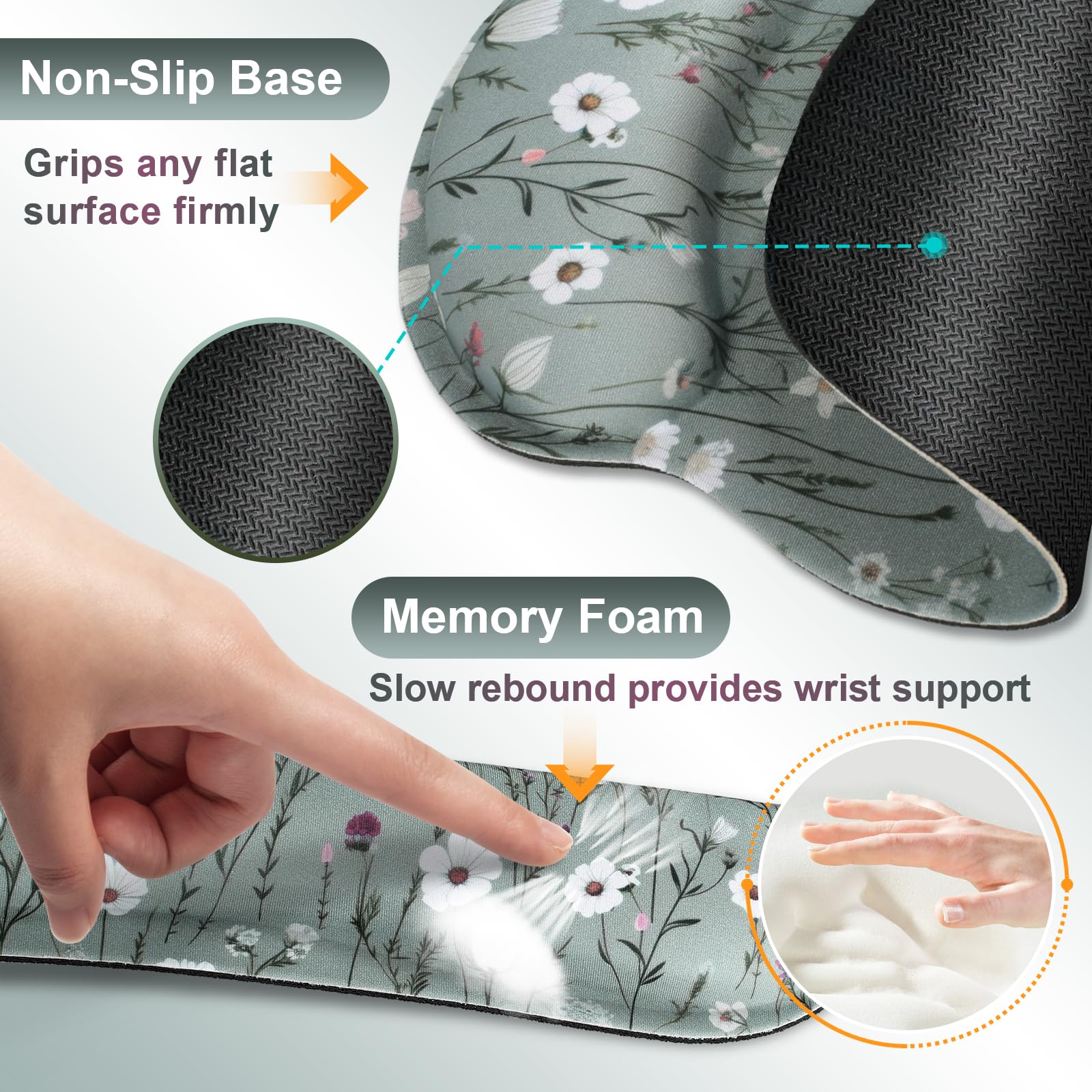 Ergonomic Mouse Pad and Keyboard Wrist Rest, Green Floral Mouse Pad with Wrist Rest Set, Daisy Flower Memory Foam Mouse Pad with Wrist Support and Keyboard Pad for Women, Office, Gaming Wildflower Daisy Floral - Image 5