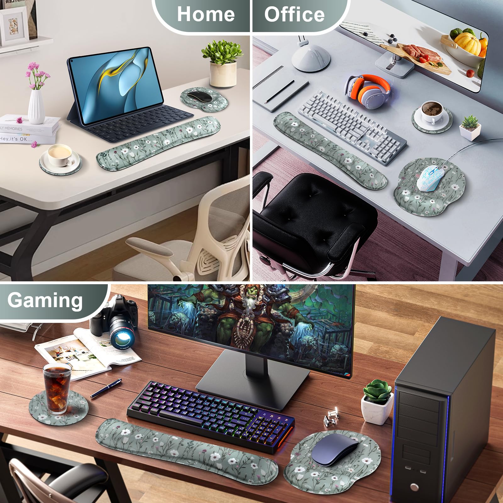 Ergonomic Mouse Pad and Keyboard Wrist Rest, Green Floral Mouse Pad with Wrist Rest Set, Daisy Flower Memory Foam Mouse Pad with Wrist Support and Keyboard Pad for Women, Office, Gaming Wildflower Daisy Floral - Image 7