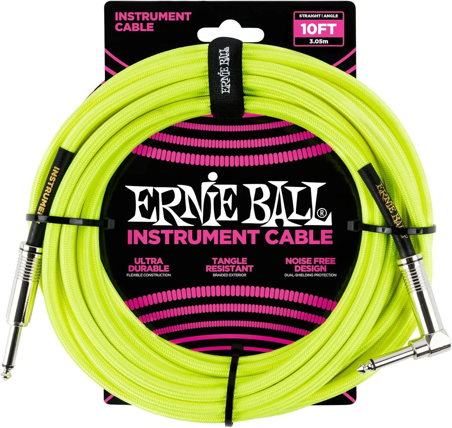 Ernie Ball Braided Instrument Cable Set Straight/Angle Length 10ft in Neon Yellow (P06080) - Pack of 2 - Image 2