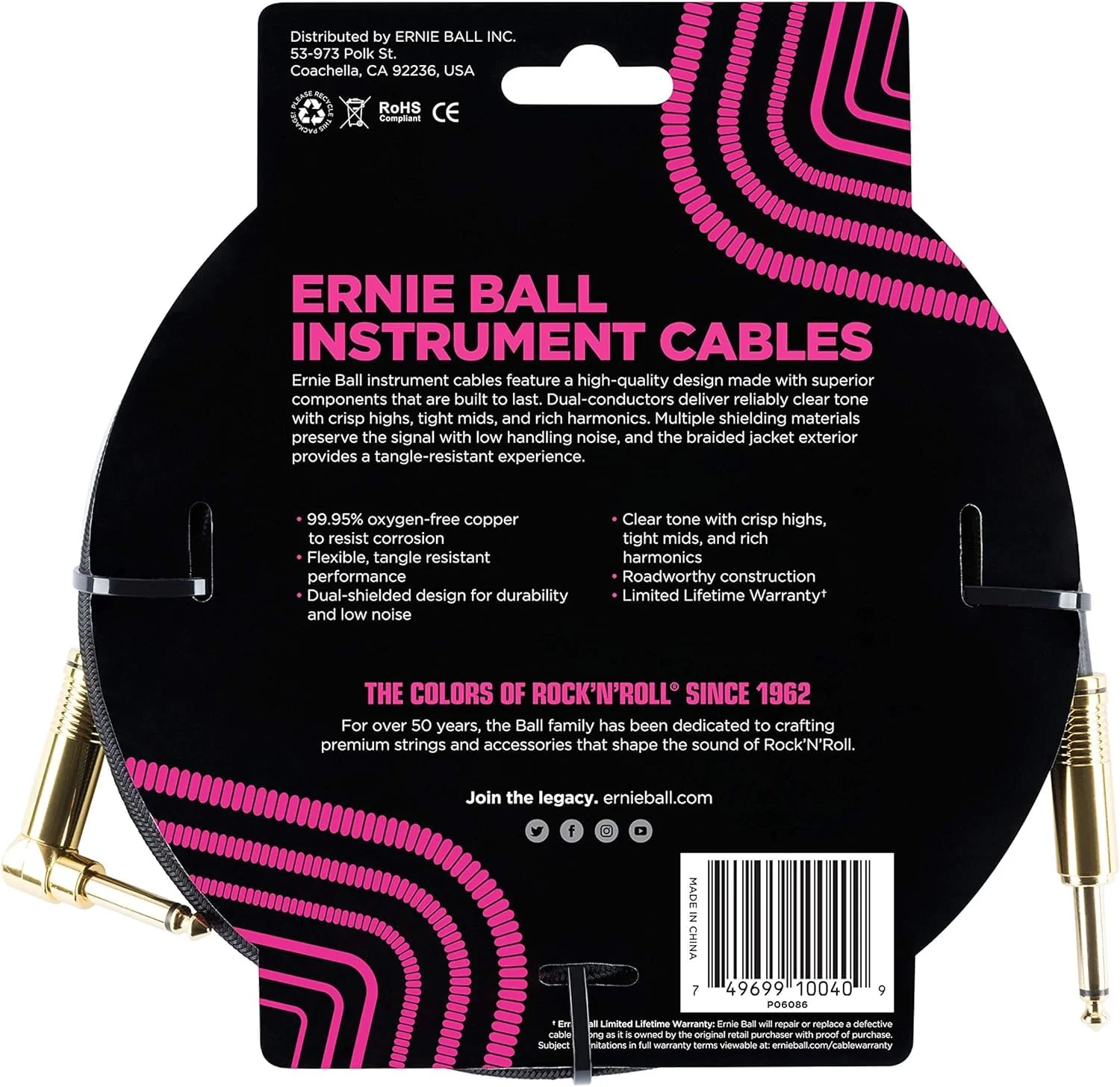 Ernie Ball Braided Instrument Cable Set Straight/Angle Length 18ft in Black (P06086) - Pack of 2 - Image 4