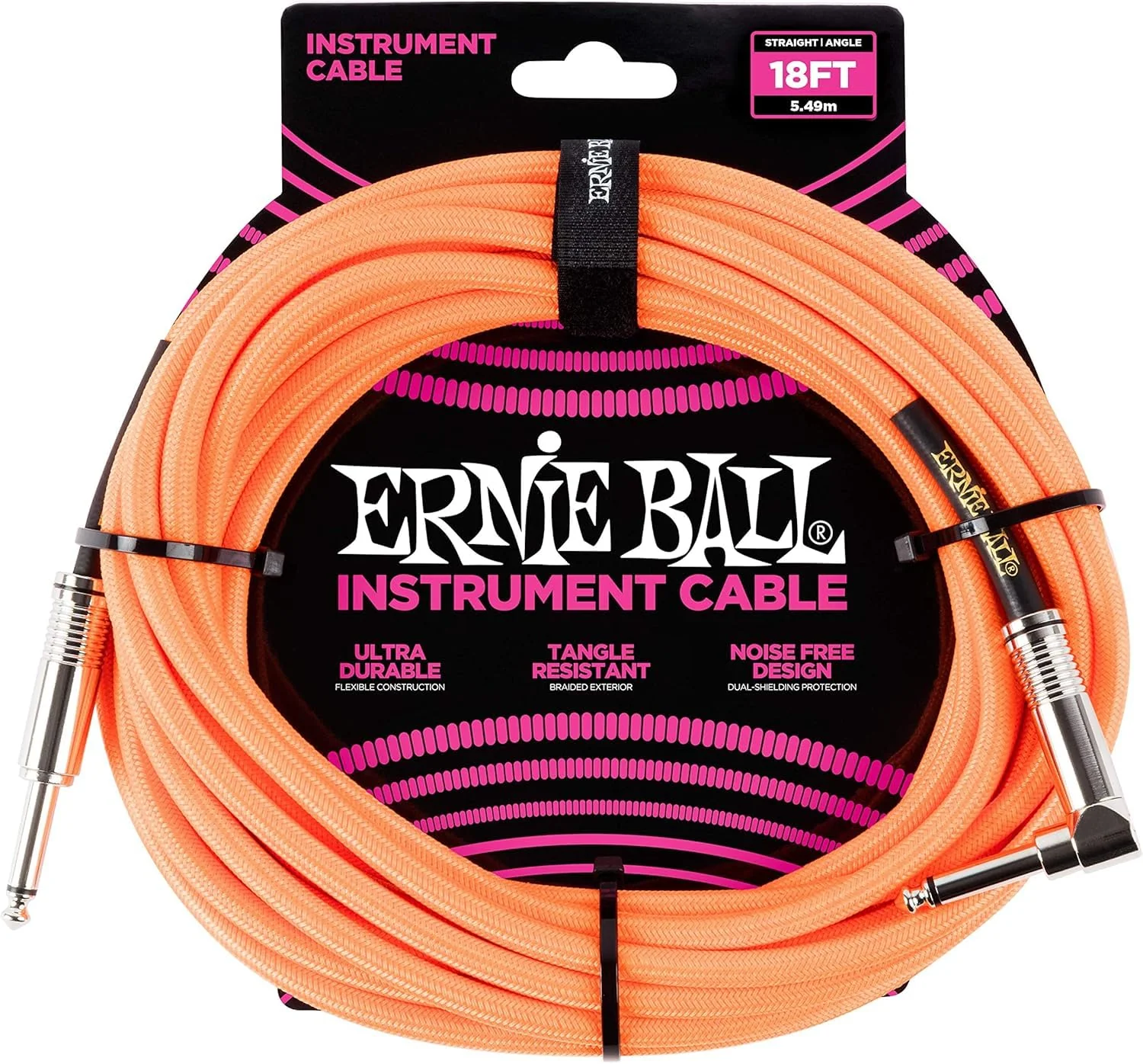 Ernie Ball Braided Instrument Cable Set Straight/Angle Length 18ft in Neon Orange (P06084) - Pack of 2 - Image 2