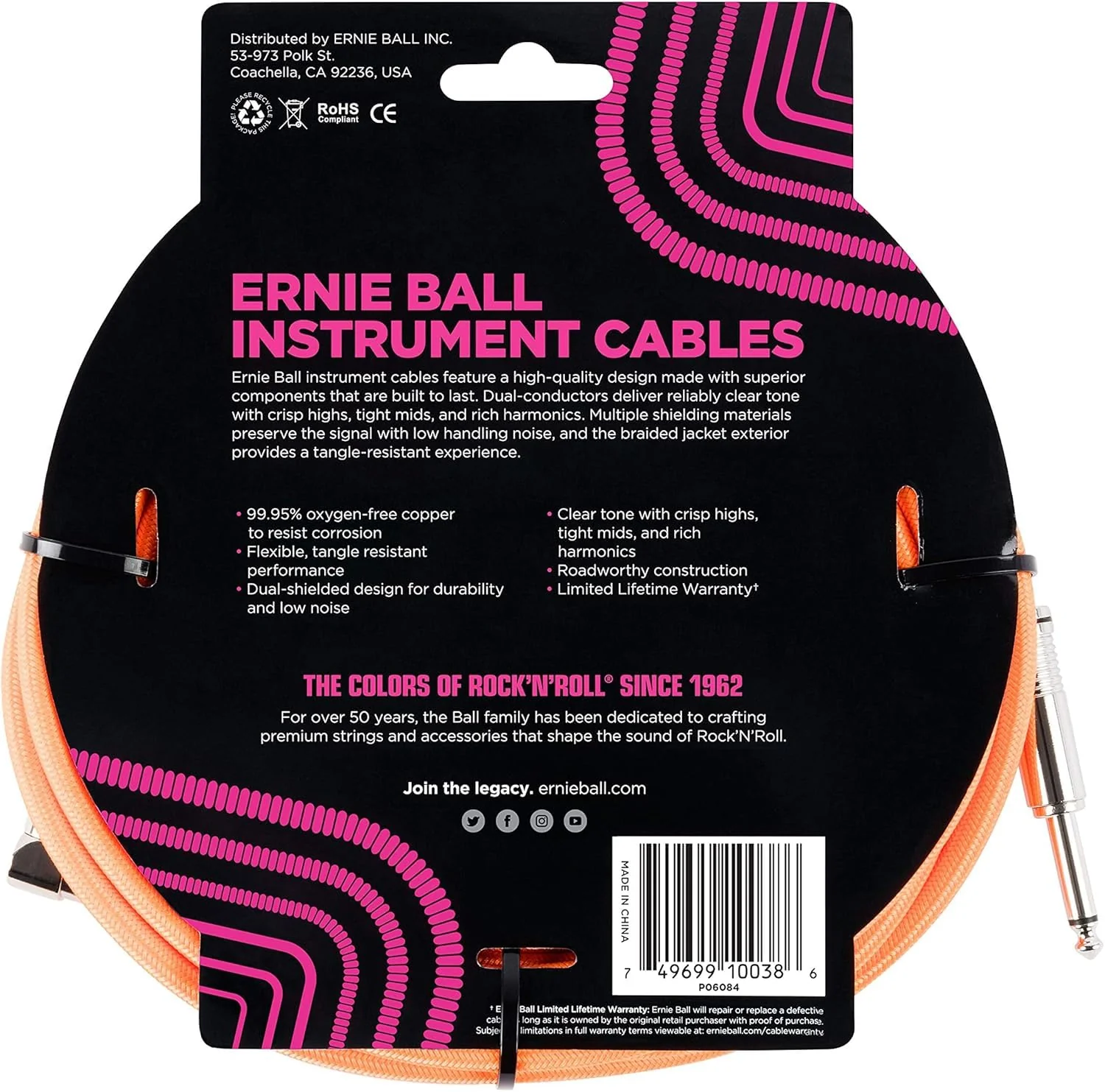 Ernie Ball Braided Instrument Cable Set Straight/Angle Length 18ft in Neon Orange (P06084) - Pack of 2 - Image 4