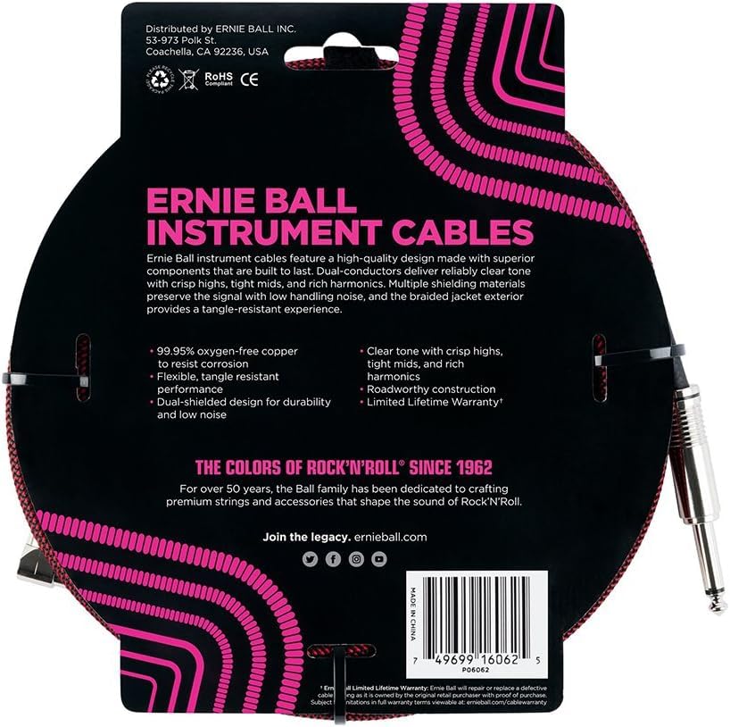 Ernie Ball Braided Instrument Cable Set Straight/Angle Length 25ft in Red/Black (P06062) - Pack of 2 - Image 3