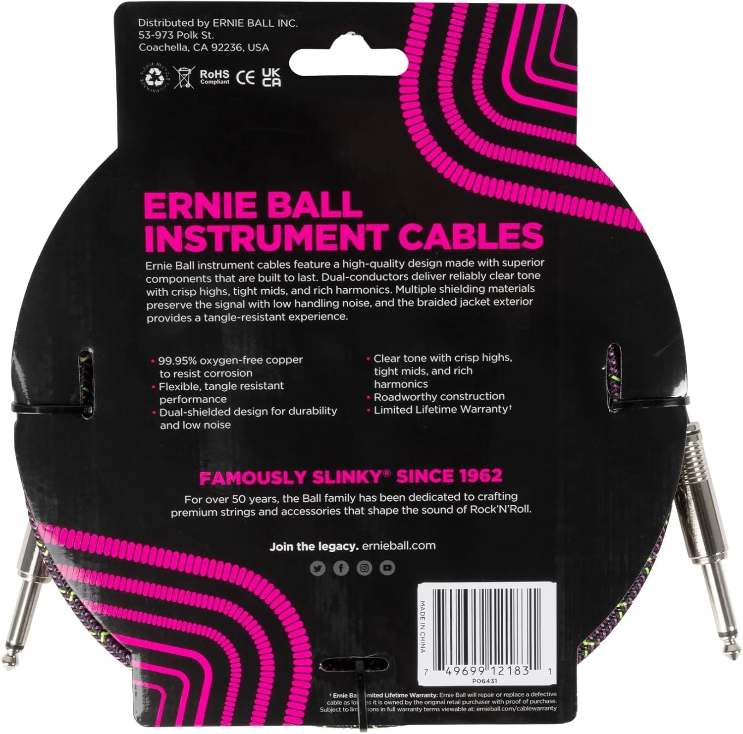 Ernie Ball Braided Instrument Cable Set Straight/Straight Lenght 18ft in Purple Python (P06431) - Pack of 2 - Image 3