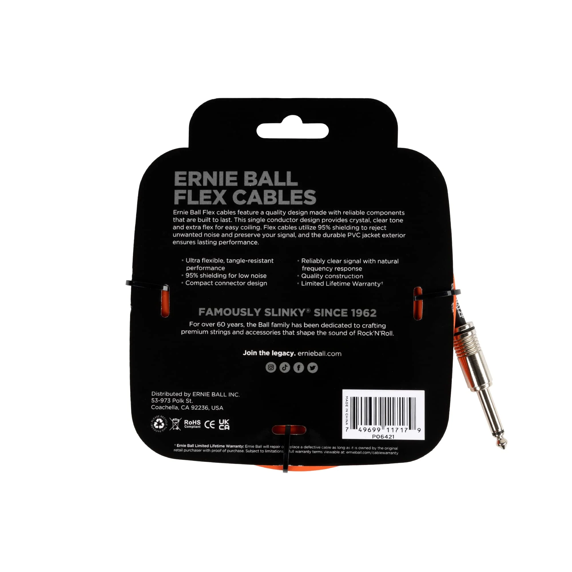 Ernie Ball Flex Instrument Cable Straight/Straight 20ft - Orange 20 feet - Image 2