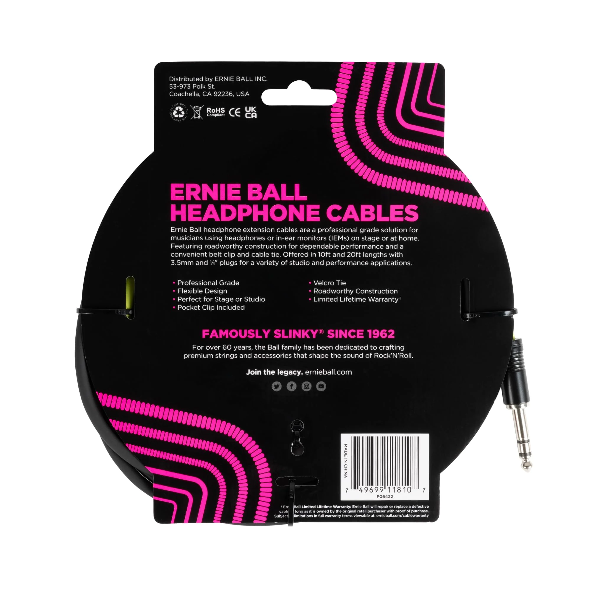 Ernie Ball Headphone Extension Cable 1/4 to 3.5mm 10ft - Black 1/4" to 3.5mm 10 feet - Image 2