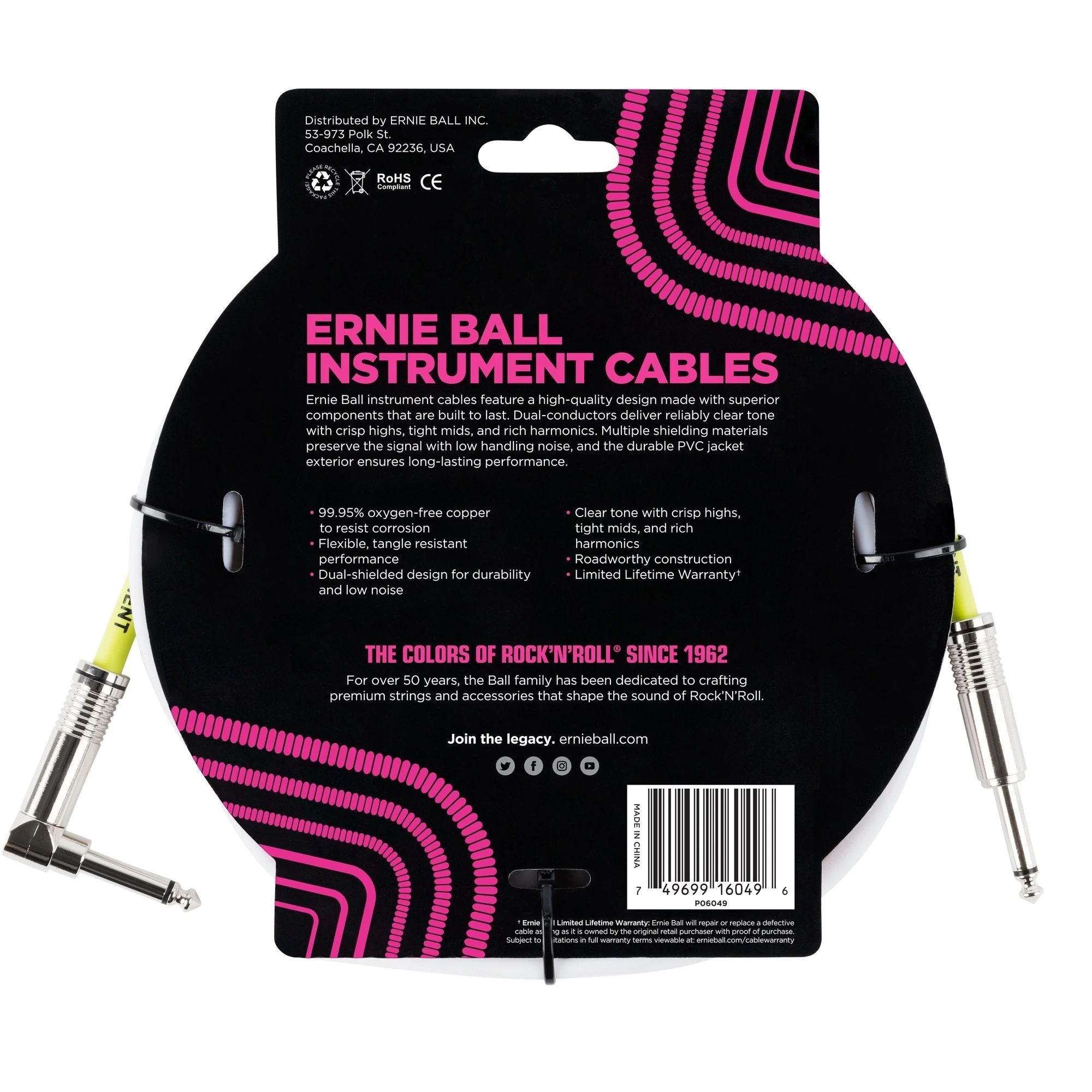 Ernie Ball Instrument Cable, Straight/Angle, 10ft, White (P06049) 10 feet - Image 2