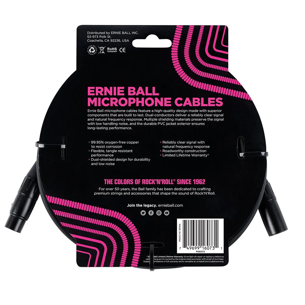 Ernie Ball XLR Microphone Cable, 25ft, Black (P06073) 25 feet - Image 2