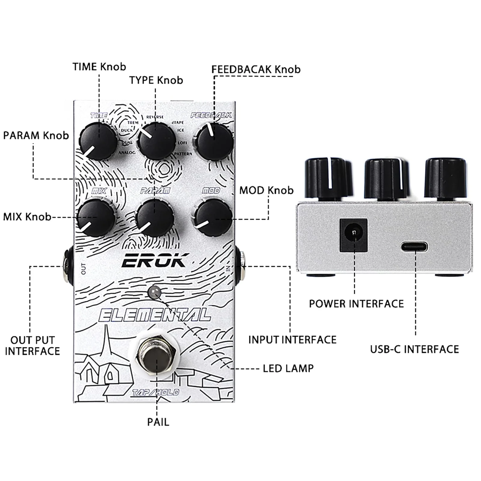 EROK Digital Delay Guitar Pedal - 9 Modes (Analog/Reverse/dTAPE/Ice) with TAP Tempo & FREEZE, Max 3000ms Delay | Fits Blues/Rock/Jazz/Post - Rock - Image 8