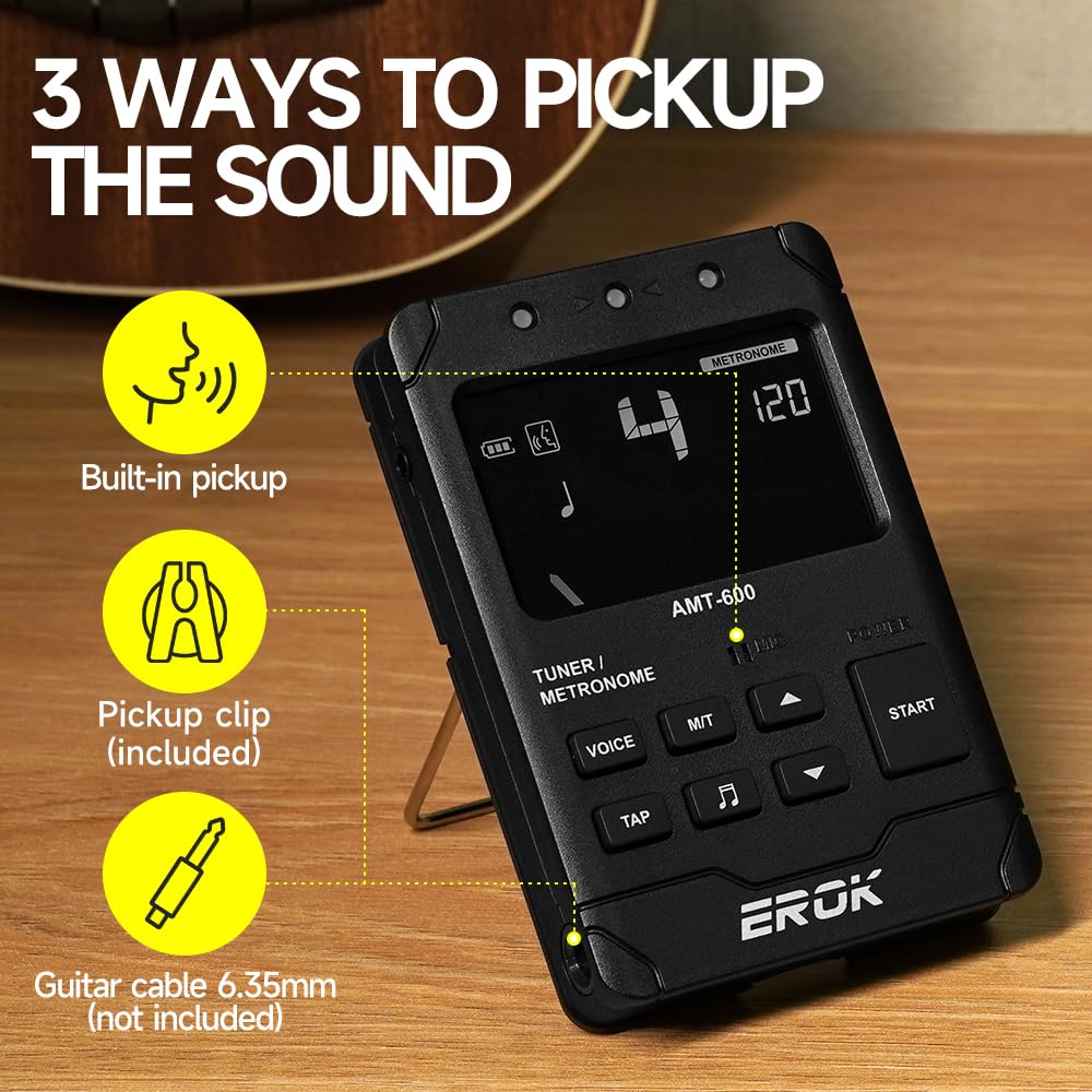 EROK Digital Metronome & Tuner - All-in-One Rechargeable Device with Stereo Headphone Output, Voice Counting, Ideal for Guitar, Bass, Violin & String Instruments(Black) Black - Image 2