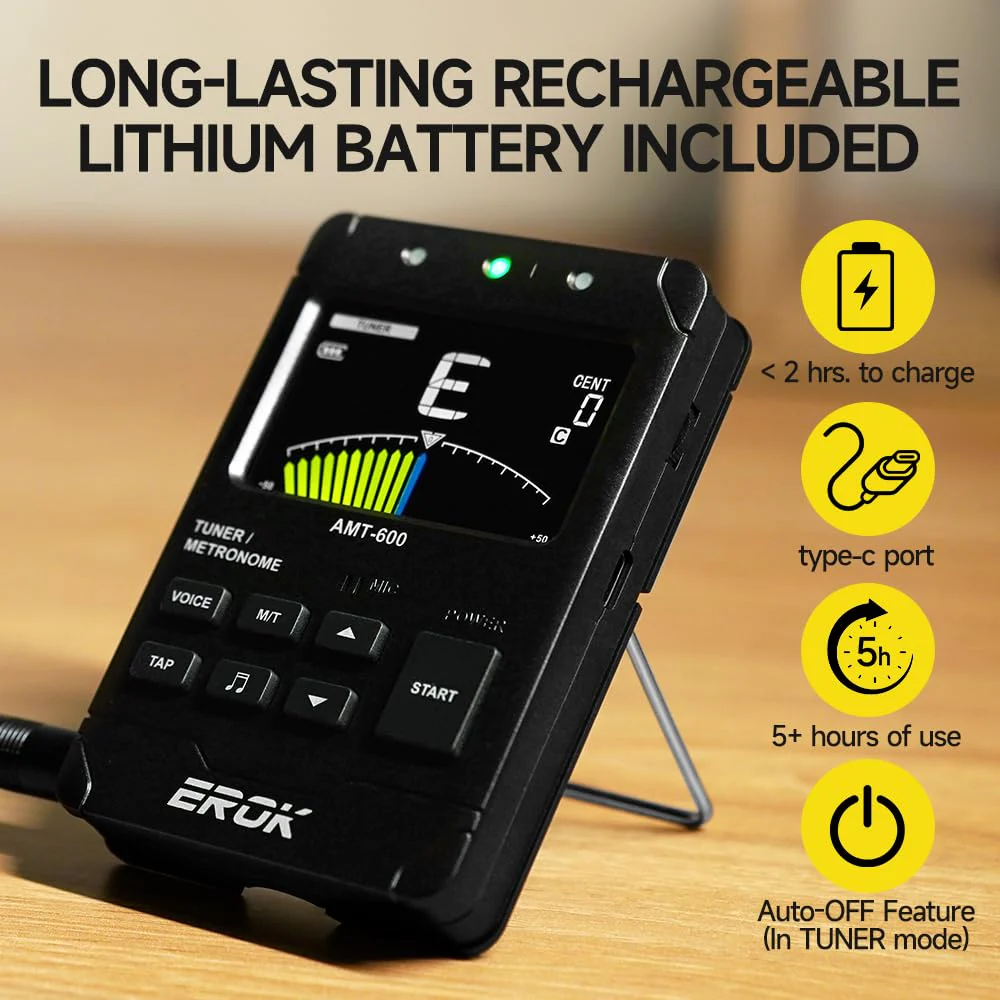 EROK Digital Metronome & Tuner - All-in-One Rechargeable Device with Stereo Headphone Output, Voice Counting, Ideal for Guitar, Bass, Violin & String Instruments(Black) Black - Image 3
