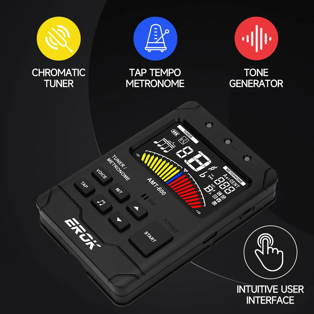 EROK Digital Metronome & Tuner - All-in-One Rechargeable Device with Stereo Headphone Output, Voice Counting, Ideal for Guitar, Bass, Violin & String Instruments(Black) Black - Image 4
