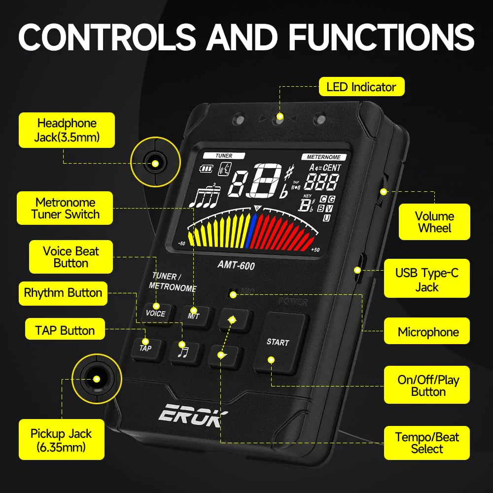 EROK Digital Metronome & Tuner - All-in-One Rechargeable Device with Stereo Headphone Output, Voice Counting, Ideal for Guitar, Bass, Violin & String Instruments(Black) Black - Image 5