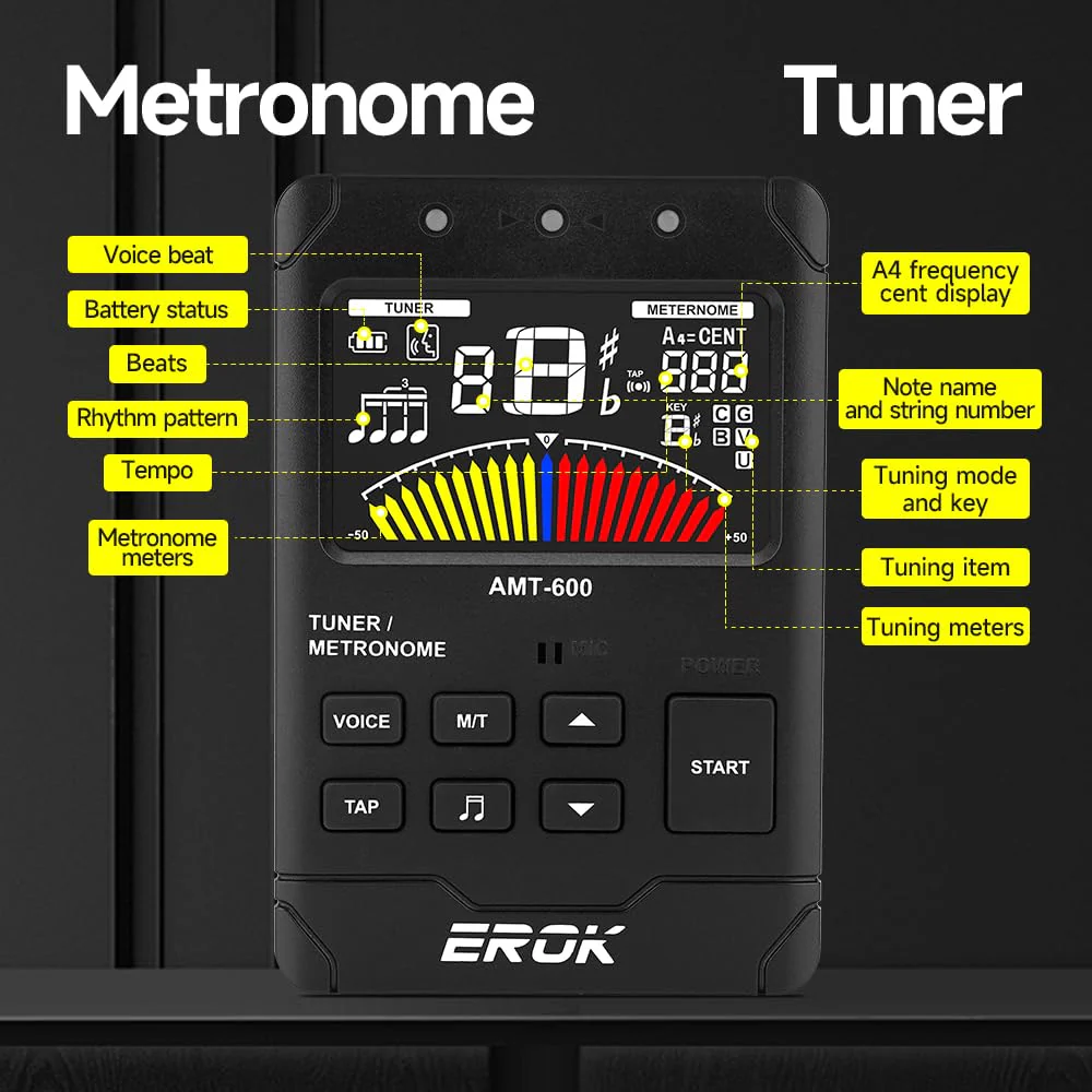 EROK Digital Metronome & Tuner - All-in-One Rechargeable Device with Stereo Headphone Output, Voice Counting, Ideal for Guitar, Bass, Violin & String Instruments(Black) Black - Image 6