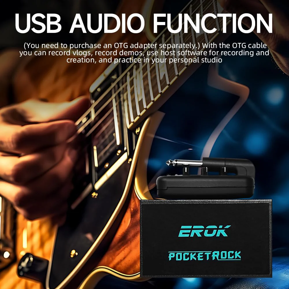 EROK Guitar Headphone Amp, with 9 Simulation Tones,USB-Rechargeable Portable Pocket Effects Unit, with Wireless Function Supporting OTG Recording - Image 3