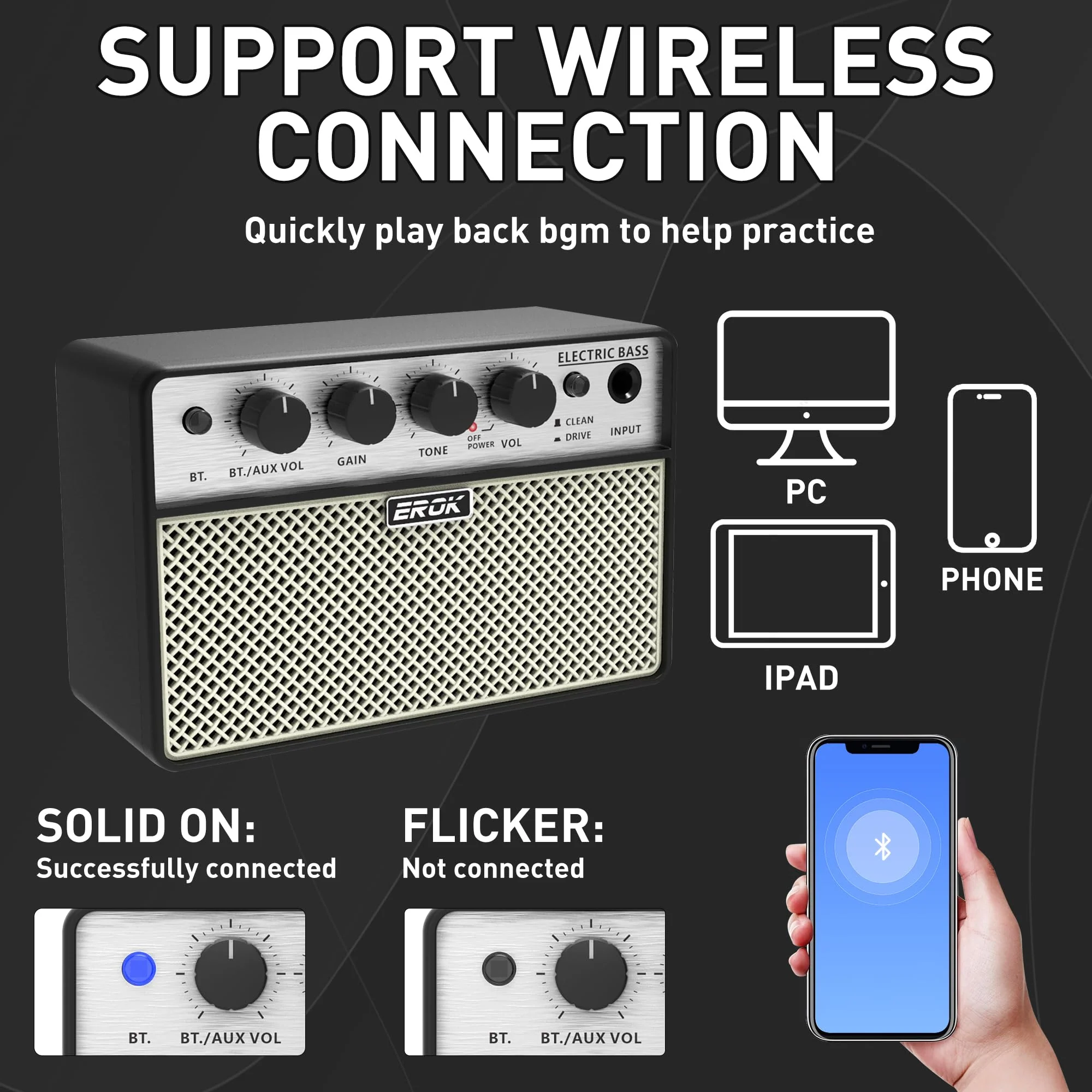 EROK Mini Bass Amp, Portable Amplifier with Clean/Drive Dual Channels, 3.5mm Headphone/AUX Input, Compact Design for Practice & Small Gigs - Image 5