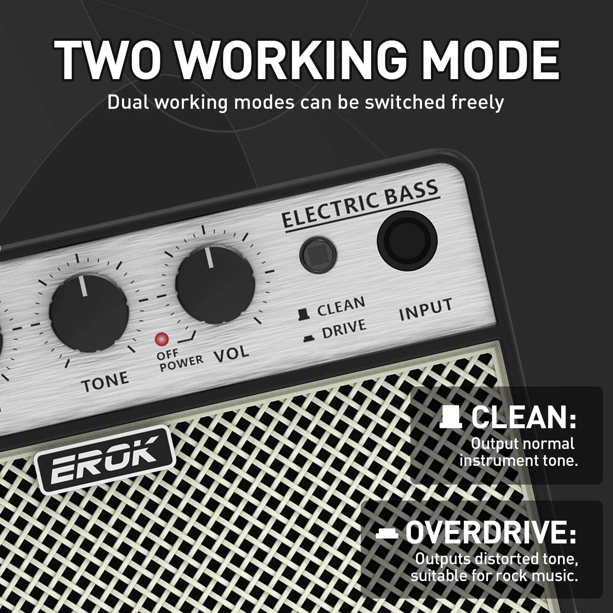 EROK Mini Bass Amp, Portable Amplifier with Clean/Drive Dual Channels, 3.5mm Headphone/AUX Input, Compact Design for Practice & Small Gigs - Image 6
