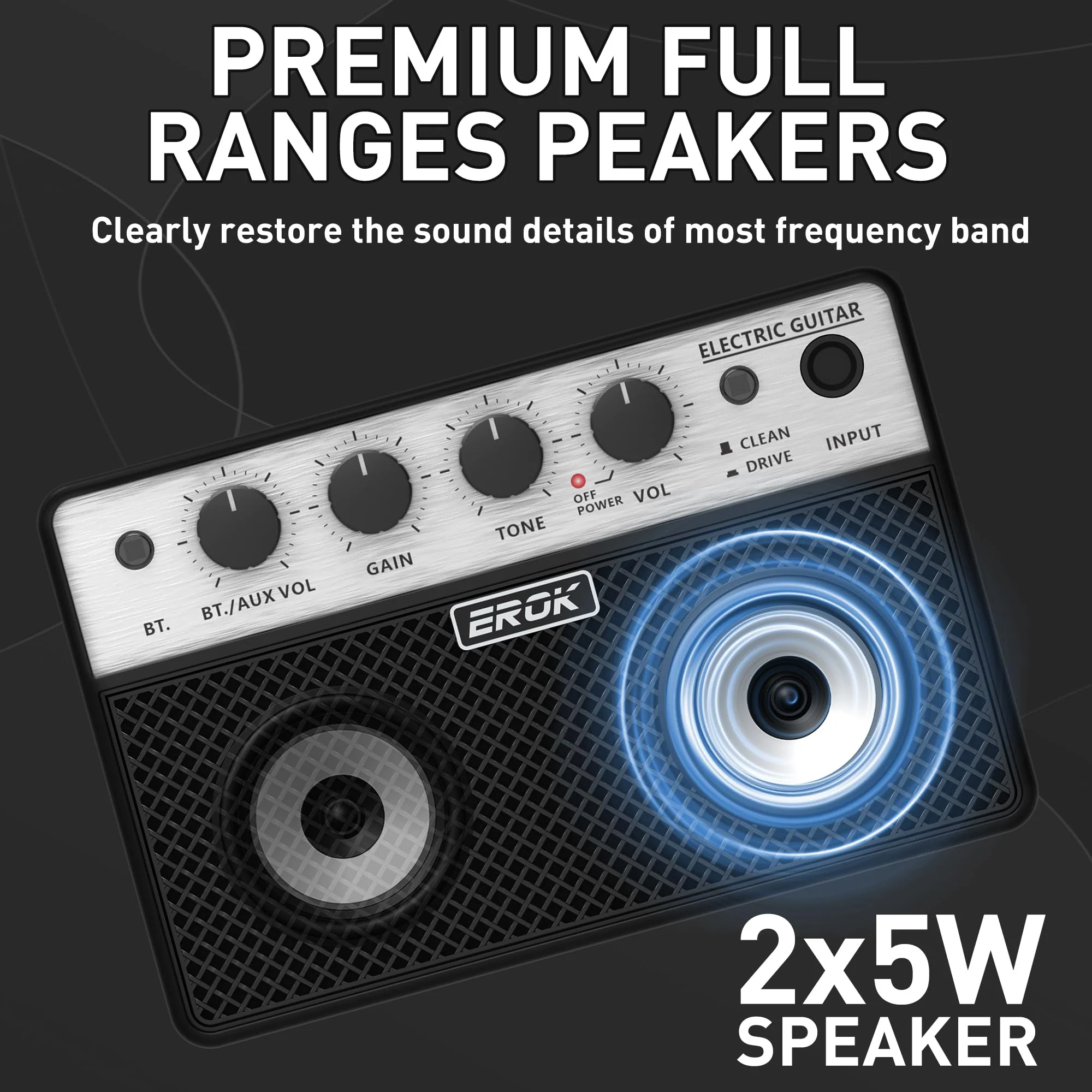 EROK Mini Electric Guitar Amp, Portable Amplifier with Clean/Drive Dual Channels, 3.5mm Headphone/AUX Input, Compact Design for Indoor Practice & Small Gigs - Image 2