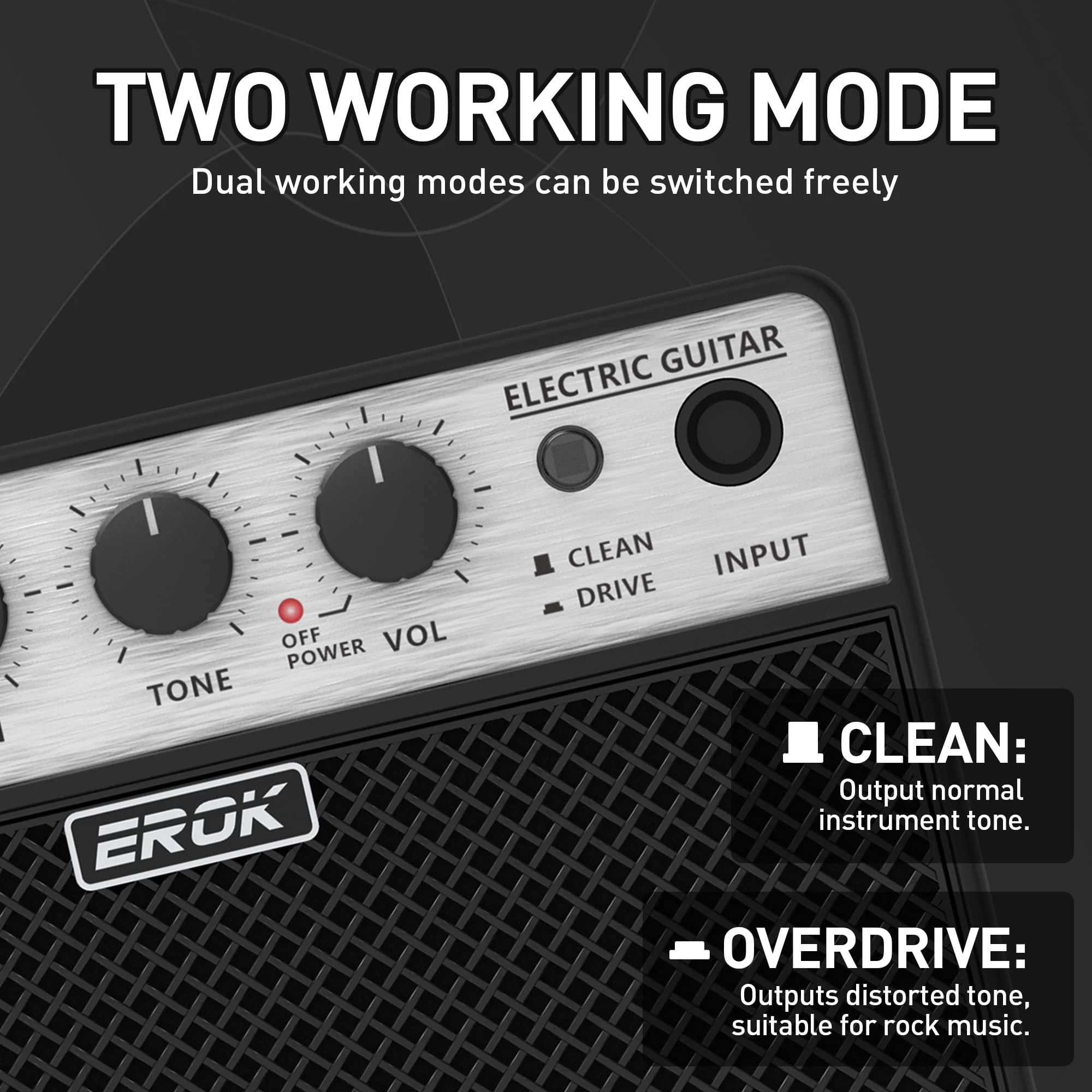 EROK Mini Electric Guitar Amp, Portable Amplifier with Clean/Drive Dual Channels, 3.5mm Headphone/AUX Input, Compact Design for Indoor Practice & Small Gigs - Image 4