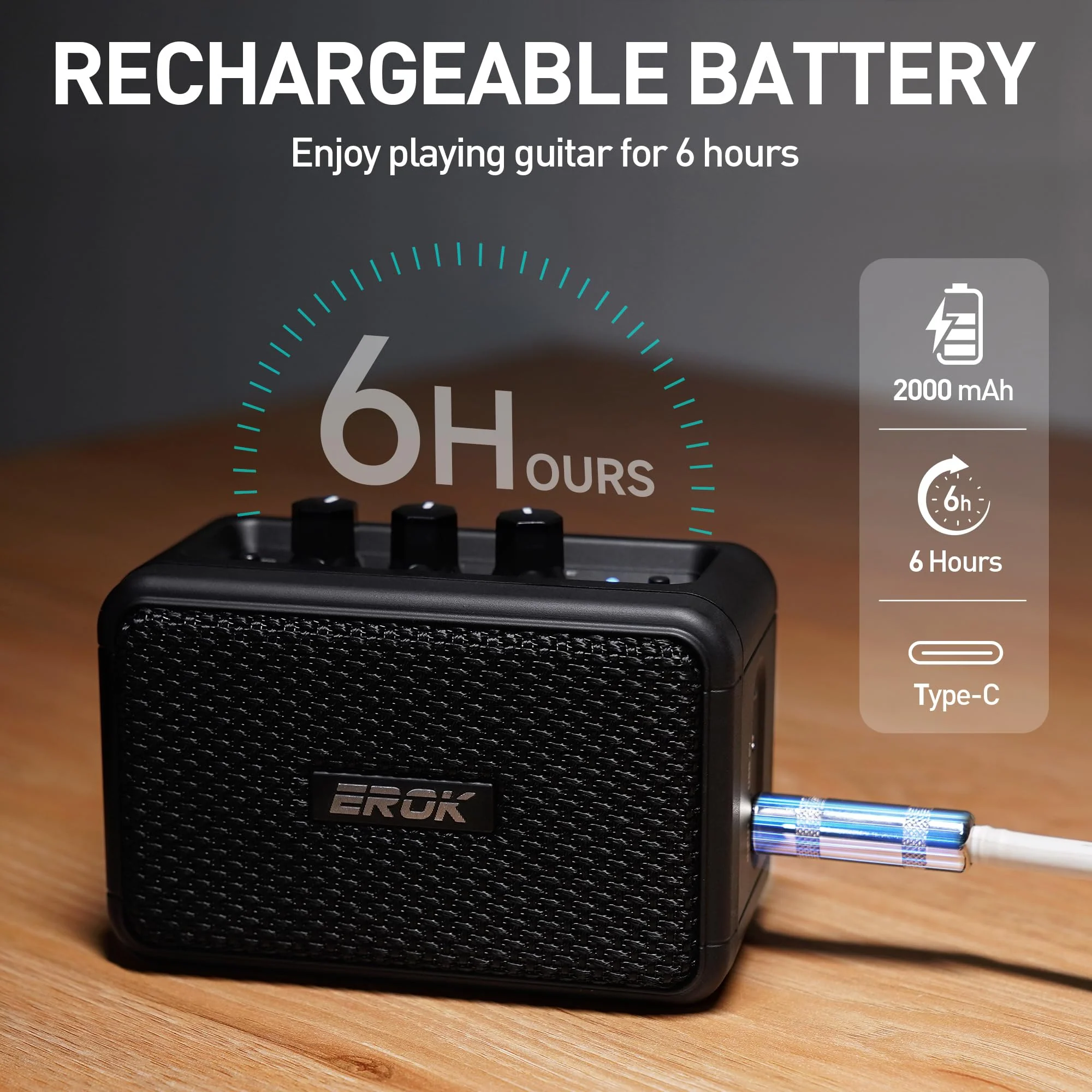 EROK Mini Electric Guitar Amplifier, with Clean Overdrive Effects,Support BT/Headphone Connection,5W Indoor Music Pratice Speaker (Dark) Dark - Image 3