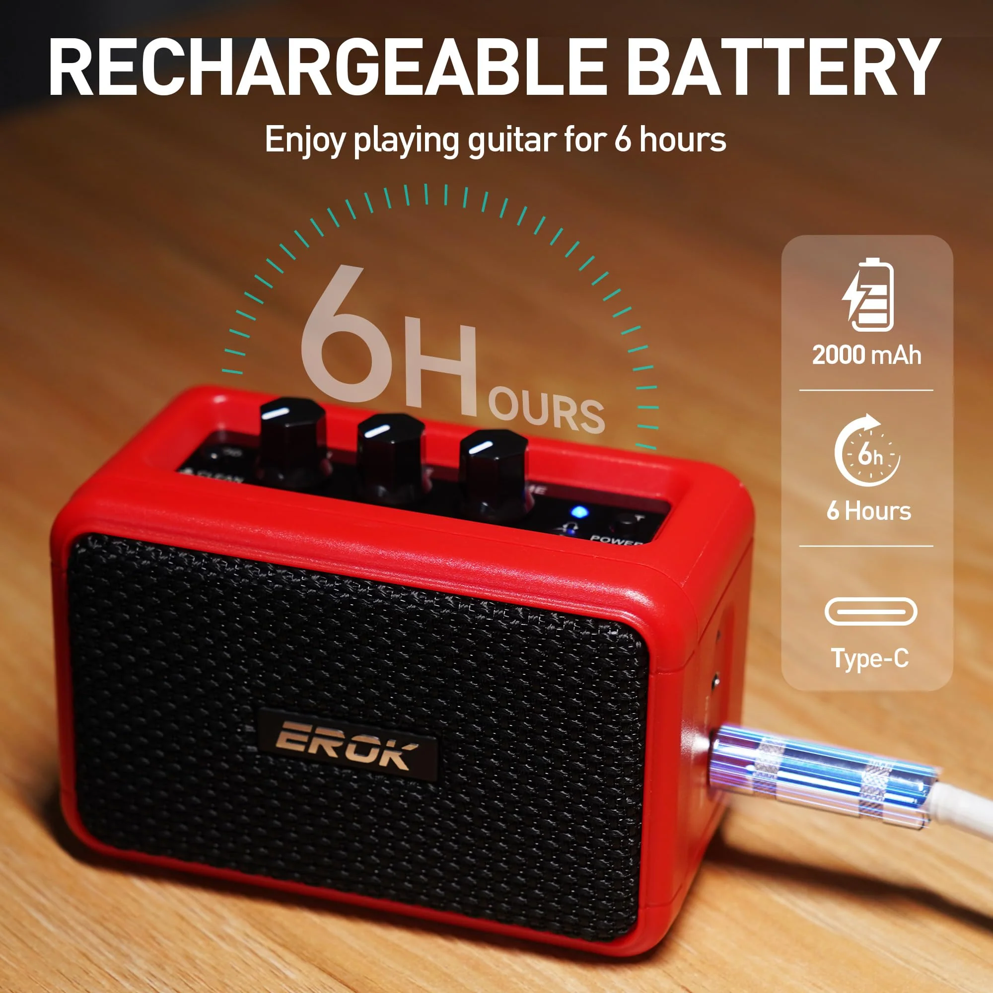 EROK Mini Electric Guitar Amplifier, with Clean Overdrive Effects,Support BT/Headphone Connection,5W Indoor Music Pratice Speaker (Red) Red - Image 3