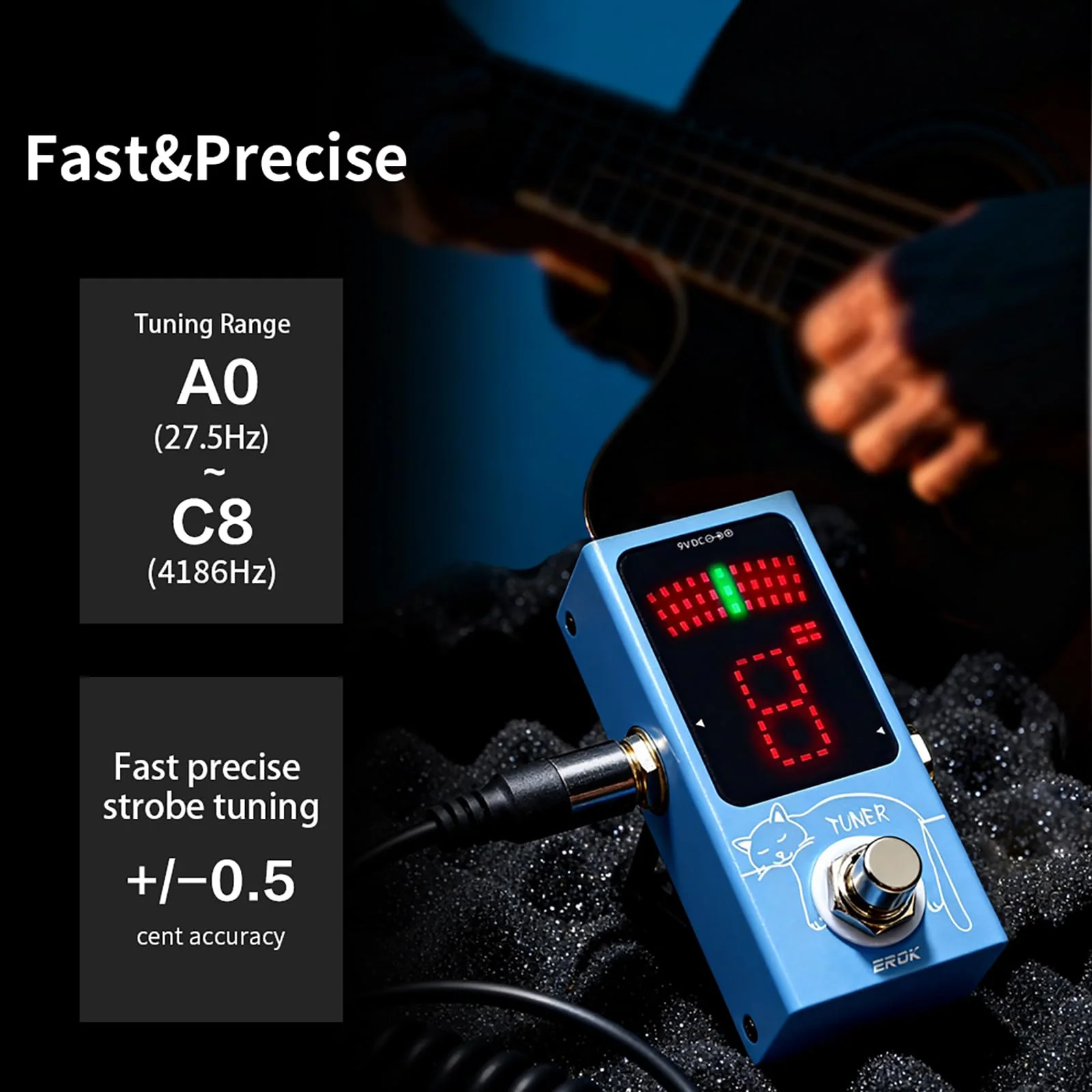EROK Mini Tuner Pedal - Compact Size with Pitch LED Indicator for Electric Guitar & Bass, True Bypass - Image 2