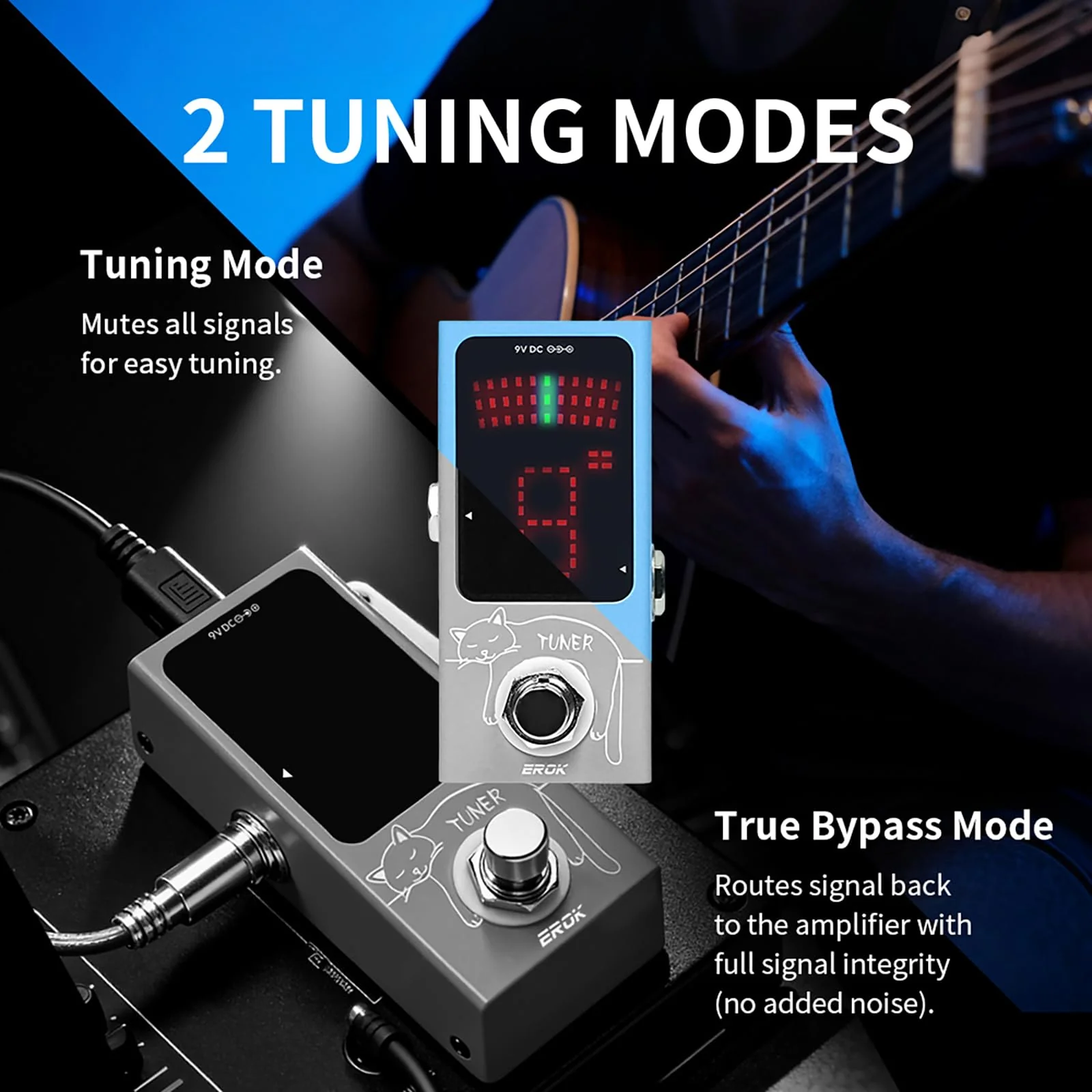 EROK Mini Tuner Pedal - Compact Size with Pitch LED Indicator for Electric Guitar & Bass, True Bypass - Image 3