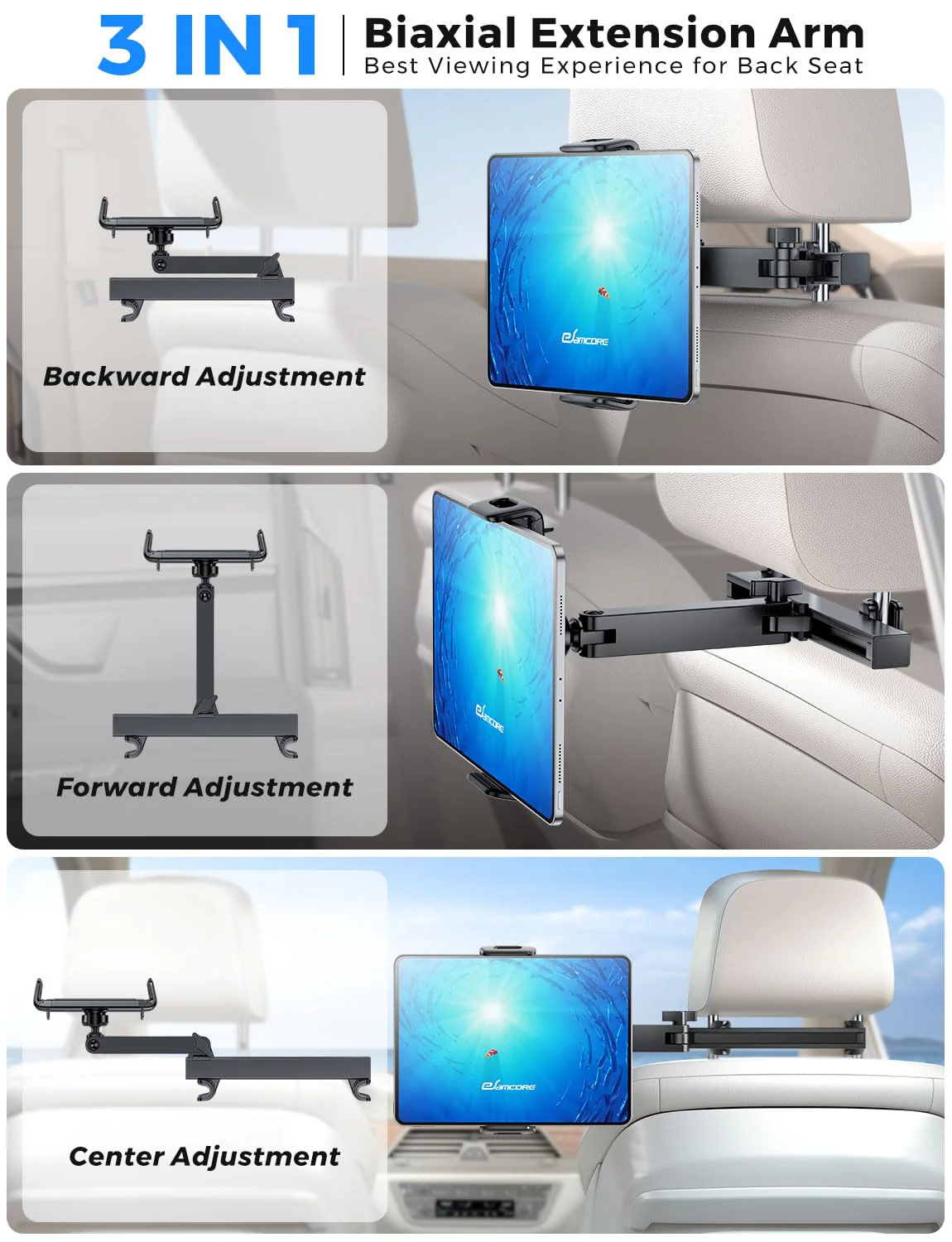 eSamcore Headrest Tablet Holder for car, Back Seat [3 in 1 Extension Arm] Fit iPad Car Mount Road Trip Essentials for Kid Backseat Car Accessories for 4.7"-11" iPad Pro, Air, Mini, Fire HD Tablet Foldable headrest tablet holder - Image 2