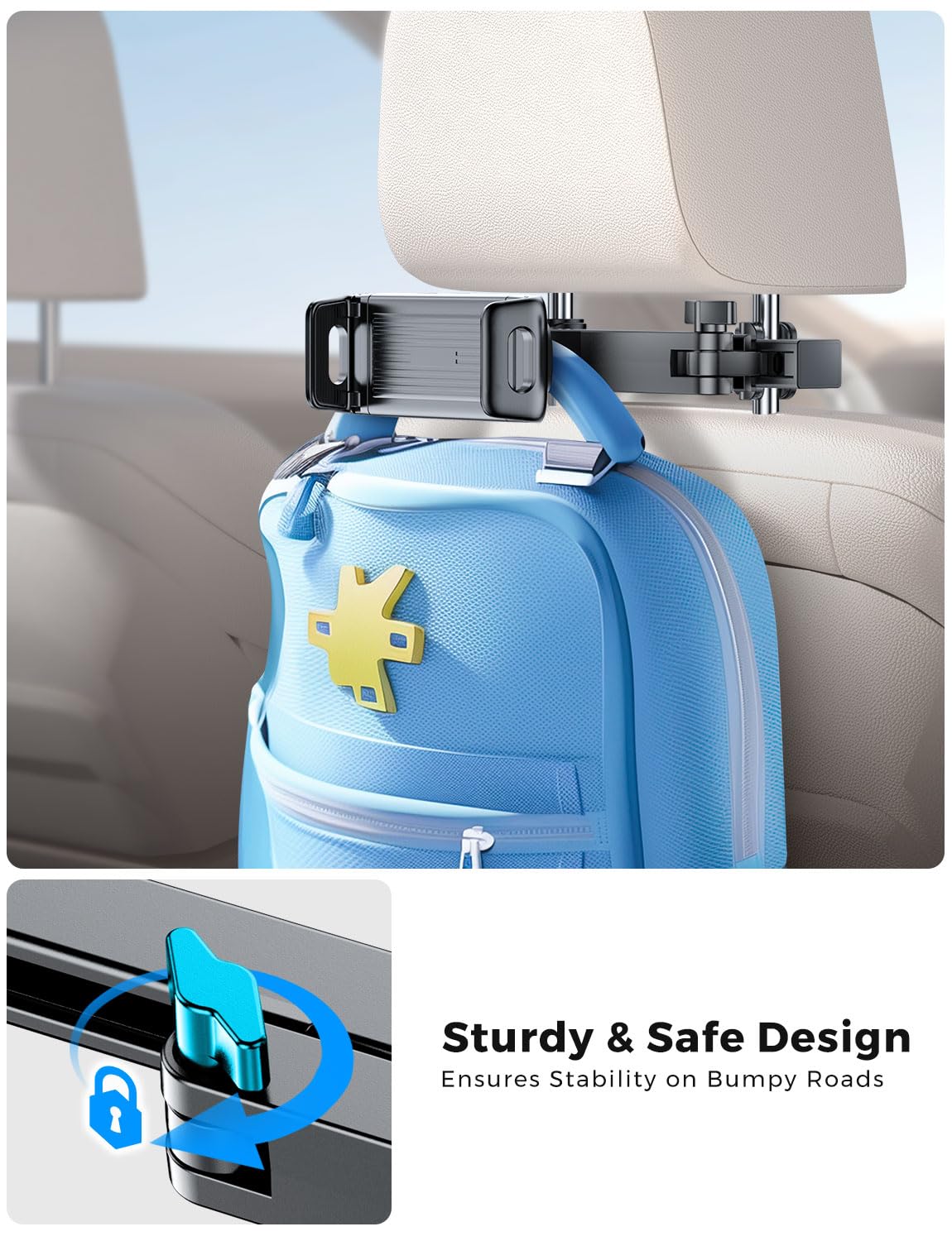 eSamcore Headrest Tablet Holder for car, Back Seat [3 in 1 Extension Arm] Fit iPad Car Mount Road Trip Essentials for Kid Backseat Car Accessories for 4.7"-11" iPad Pro, Air, Mini, Fire HD Tablet Foldable headrest tablet holder - Image 5