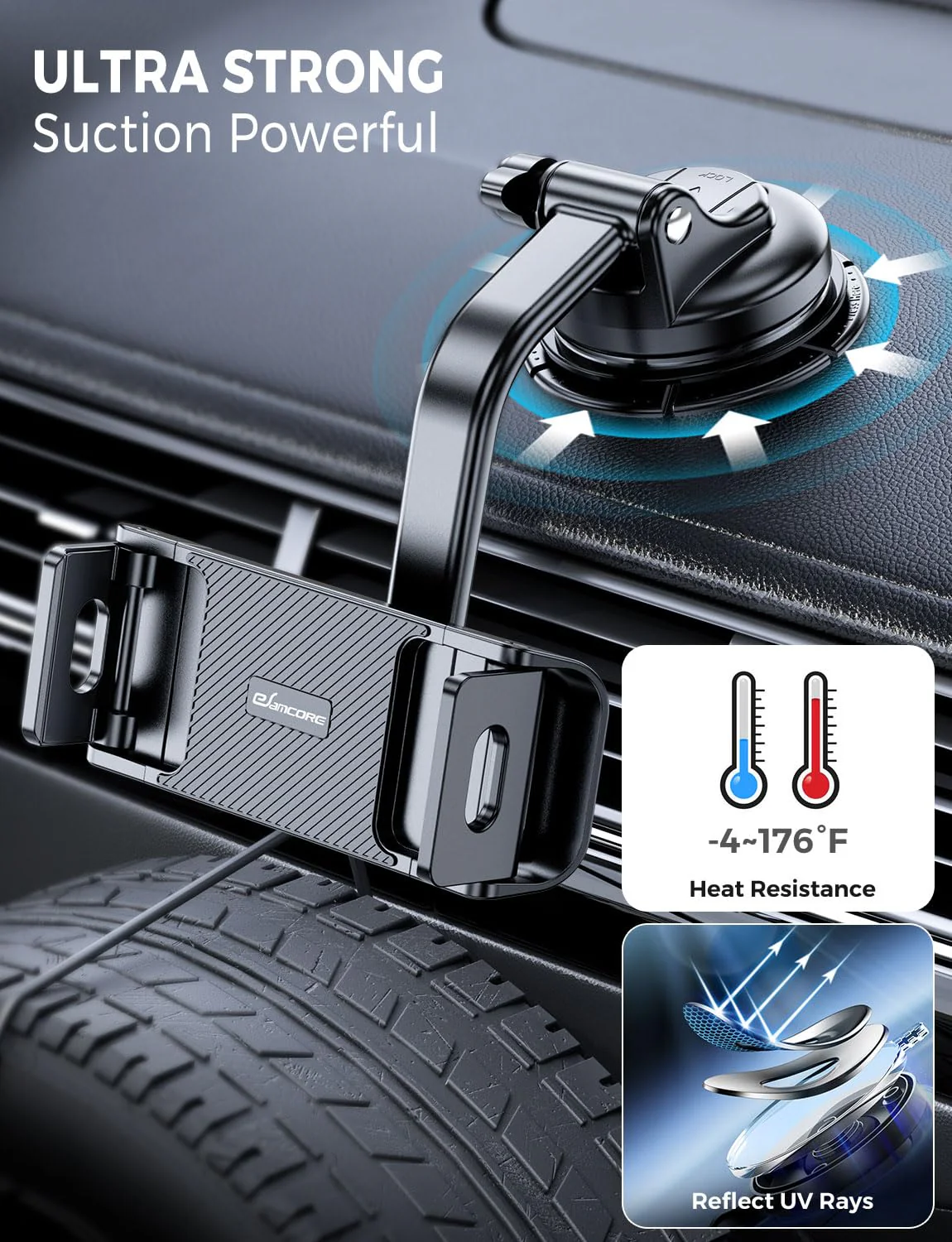 eSamcore Tablet Holder for Car Dashboard, Windshield Mount Holder for iPad & Foldable Phone Stand with Stable 360° Adjustable Clamp Car Gadgets & Accessories for iPad Air Pro Mini All 6”-11” Devices - Image 3