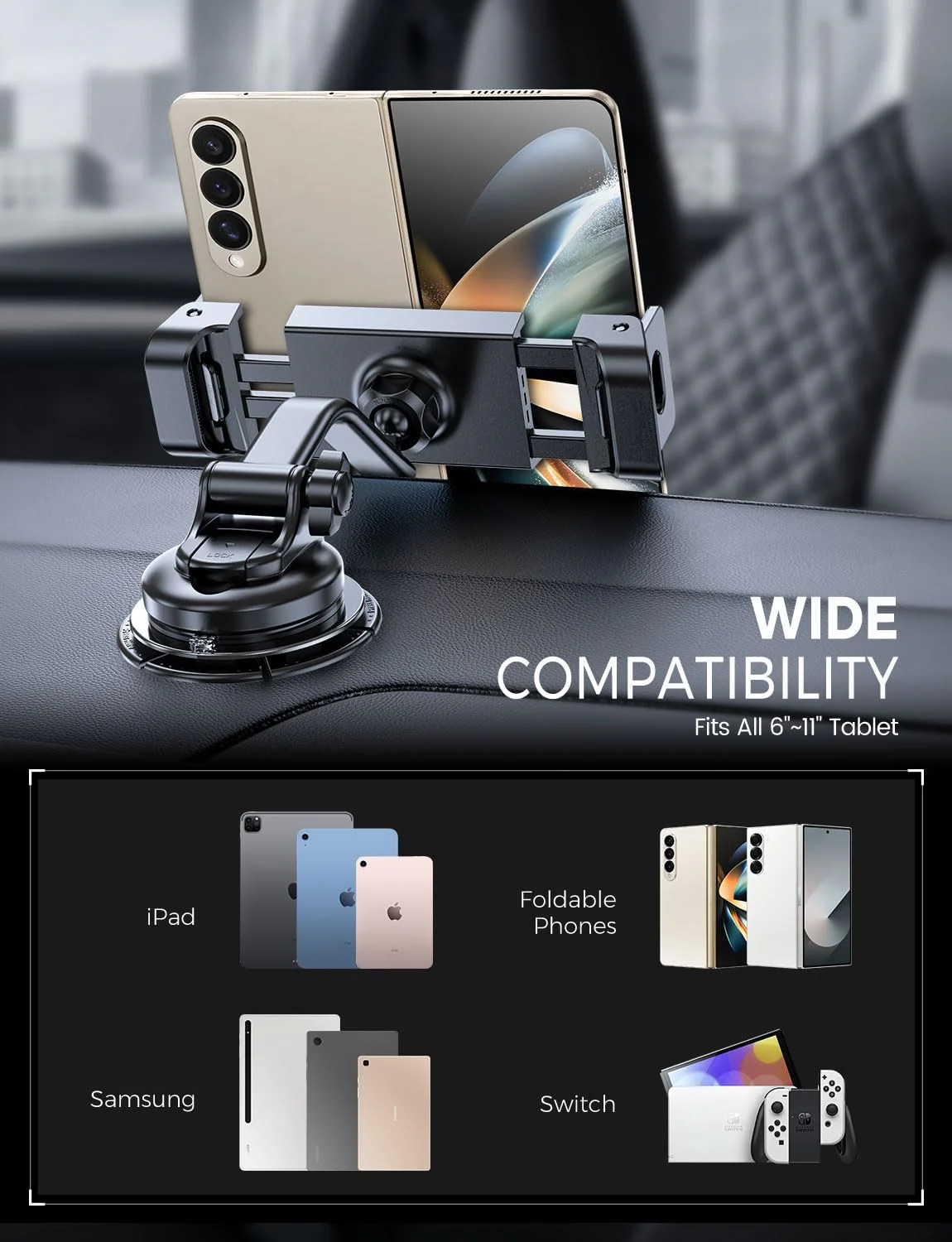 eSamcore Tablet Holder for Car Dashboard, Windshield Mount Holder for iPad & Foldable Phone Stand with Stable 360° Adjustable Clamp Car Gadgets & Accessories for iPad Air Pro Mini All 6”-11” Devices - Image 7