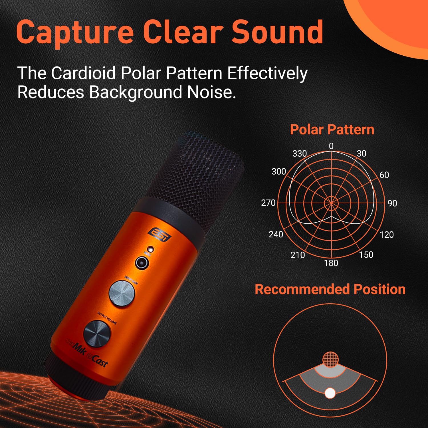 ESI cosMik uCast | USB Microphone, Cardioid Condenser Computer Microphone for Gaming, Streaming, Podcasting, 2m USB-C Cable, Mute Button, Built-in Headphone Jack, Gain Control, USB Mic for PC & Mac cosMik uCast USB Microphone - Image 4