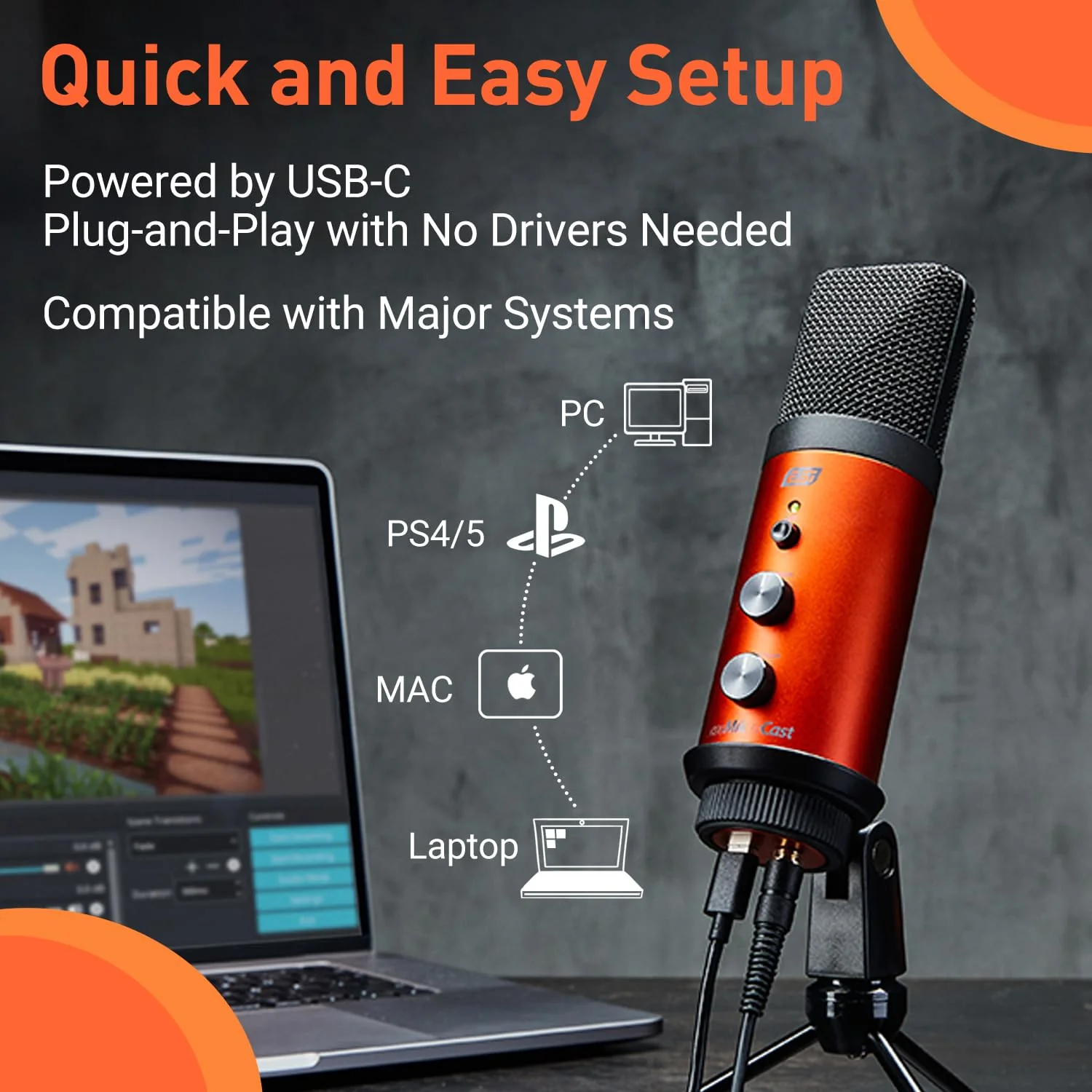 ESI cosMik uCast | USB Microphone, Cardioid Condenser Computer Microphone for Gaming, Streaming, Podcasting, 2m USB-C Cable, Mute Button, Built-in Headphone Jack, Gain Control, USB Mic for PC & Mac cosMik uCast USB Microphone - Image 6