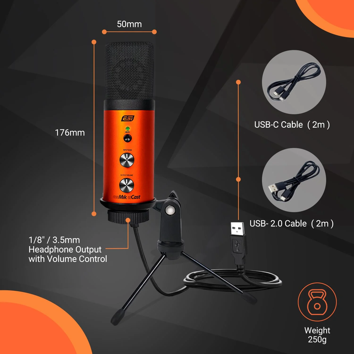 ESI cosMik uCast | USB Microphone, Cardioid Condenser Computer Microphone for Gaming, Streaming, Podcasting, 2m USB-C Cable, Mute Button, Built-in Headphone Jack, Gain Control, USB Mic for PC & Mac cosMik uCast USB Microphone - Image 8