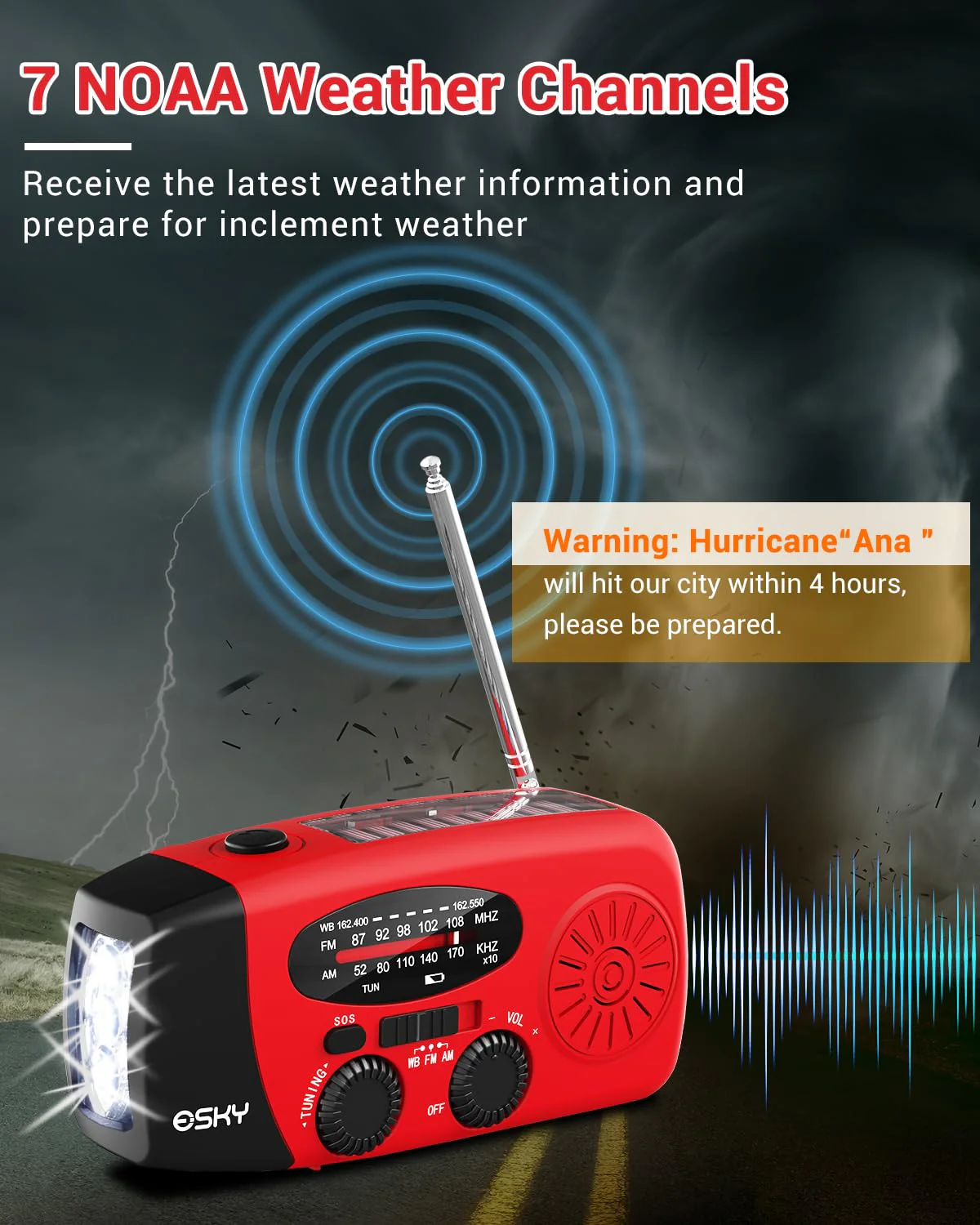 Esky Emergency Hand Crank Radio 7400mWh with 3 LED Flashlight, AM/FM/NOAA Portable Weather Radio with Rechargeable 2000mAh Battery, Solar Powered Radio for Indoor Outdoor Survival Camping, SOS Alarm Red - Image 2