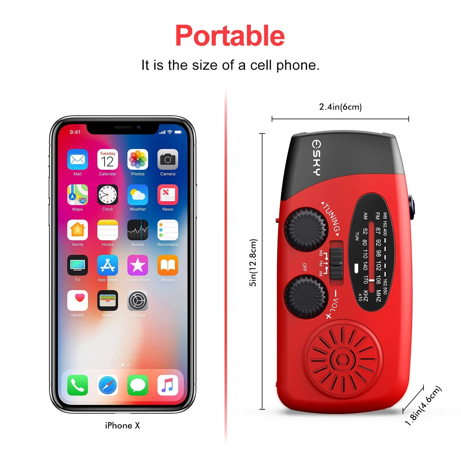 Esky Emergency Hand Crank Radio 7400mWh with 3 LED Flashlight, AM/FM/NOAA Portable Weather Radio with Rechargeable 2000mAh Battery, Solar Powered Radio for Indoor Outdoor Survival Camping, SOS Alarm Red - Image 3