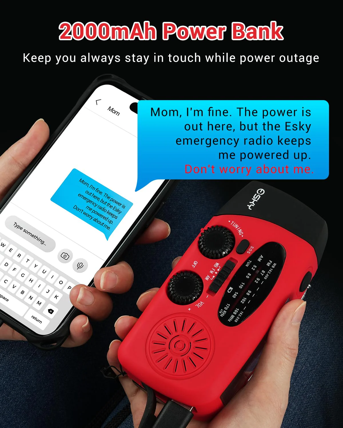 Esky Emergency Hand Crank Radio 7400mWh with 3 LED Flashlight, AM/FM/NOAA Portable Weather Radio with Rechargeable 2000mAh Battery, Solar Powered Radio for Indoor Outdoor Survival Camping, SOS Alarm Red - Image 4
