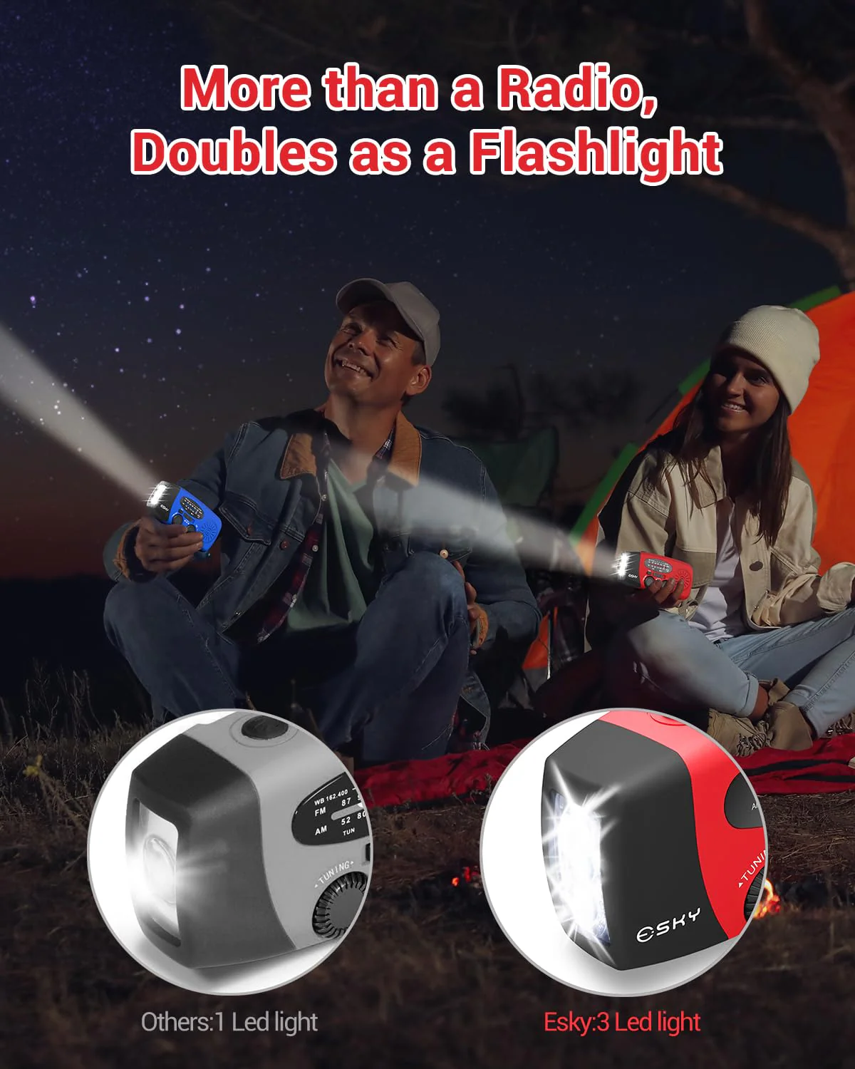 Esky Emergency Hand Crank Radio 7400mWh with 3 LED Flashlight, AM/FM/NOAA Portable Weather Radio with Rechargeable 2000mAh Battery, Solar Powered Radio for Indoor Outdoor Survival Camping, SOS Alarm Red - Image 6
