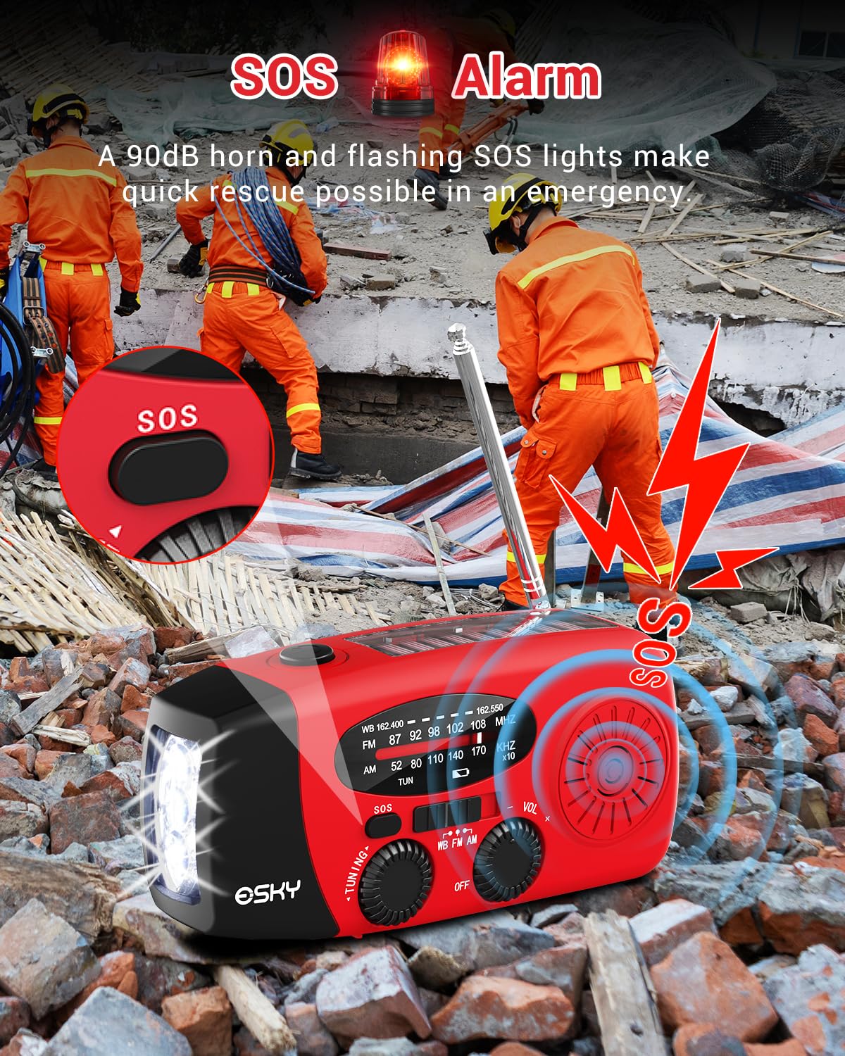 Esky Emergency Hand Crank Radio 7400mWh with 3 LED Flashlight, AM/FM/NOAA Portable Weather Radio with Rechargeable 2000mAh Battery, Solar Powered Radio for Indoor Outdoor Survival Camping, SOS Alarm Red - Image 7
