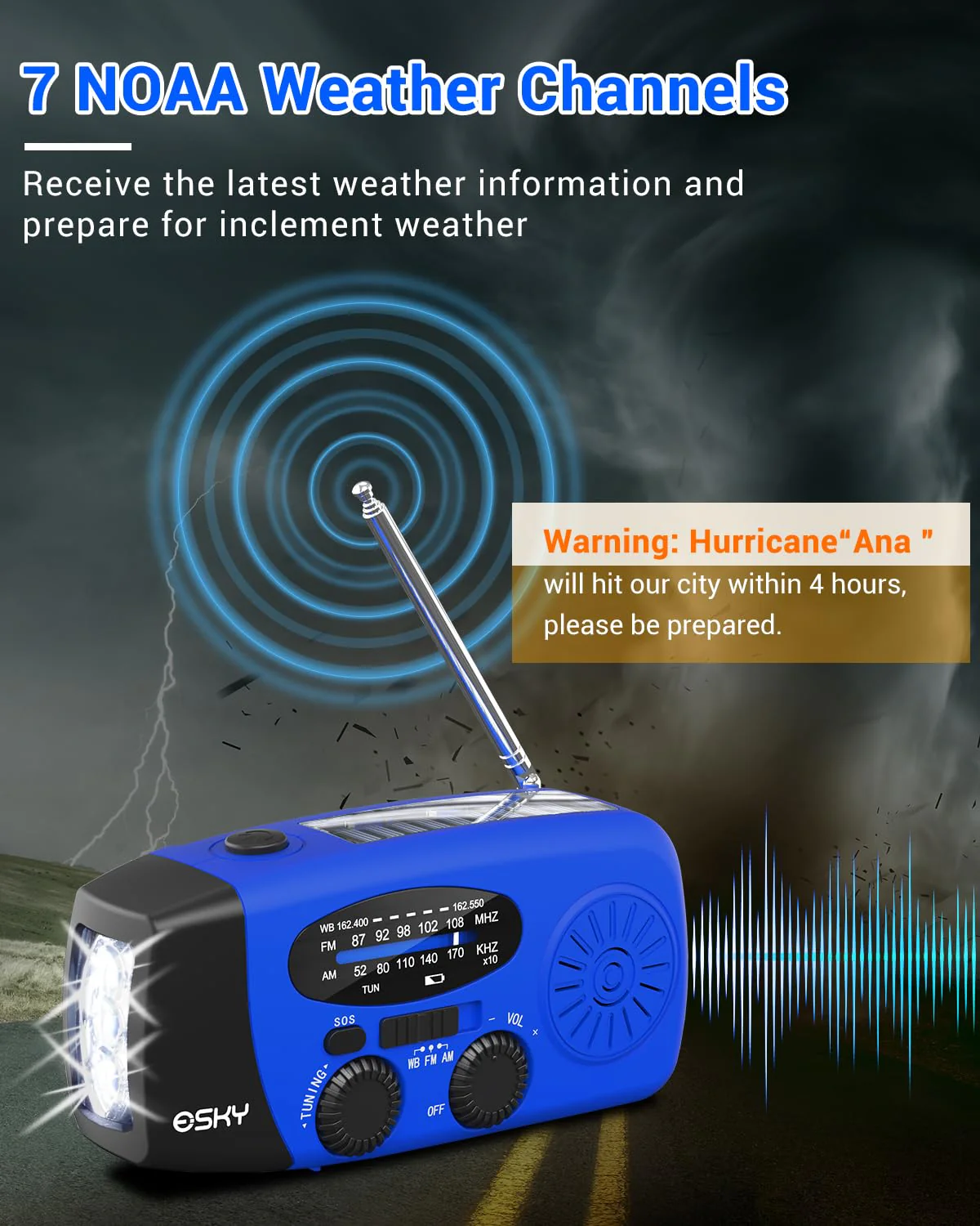 Esky Emergency Hand Crank Radio with 3 LED Flashlight, AM/FM/NOAA Portable Weather Radio with 2000mAh Power Bank Phone Charger, Solar Powered USB Rechargeable Radio for Indoor Outdoor Camping, Blue - Image 2