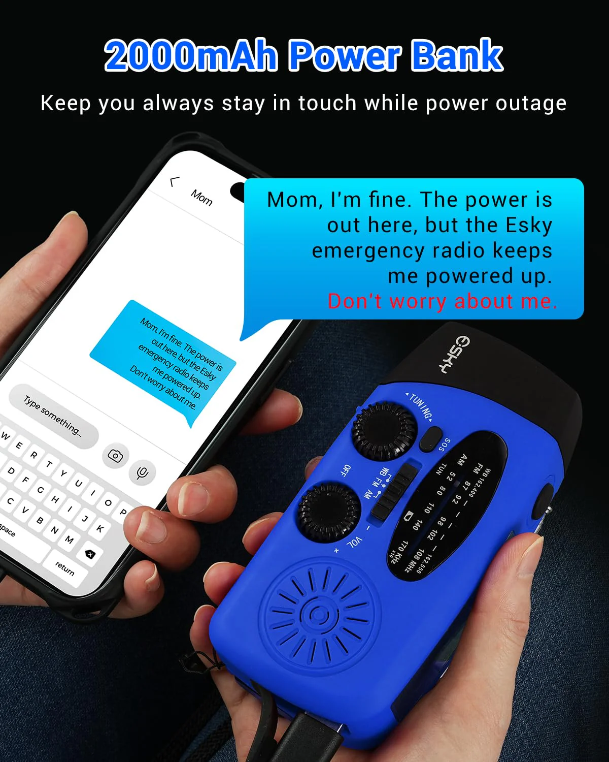 Esky Emergency Hand Crank Radio with 3 LED Flashlight, AM/FM/NOAA Portable Weather Radio with 2000mAh Power Bank Phone Charger, Solar Powered USB Rechargeable Radio for Indoor Outdoor Camping, Blue - Image 3