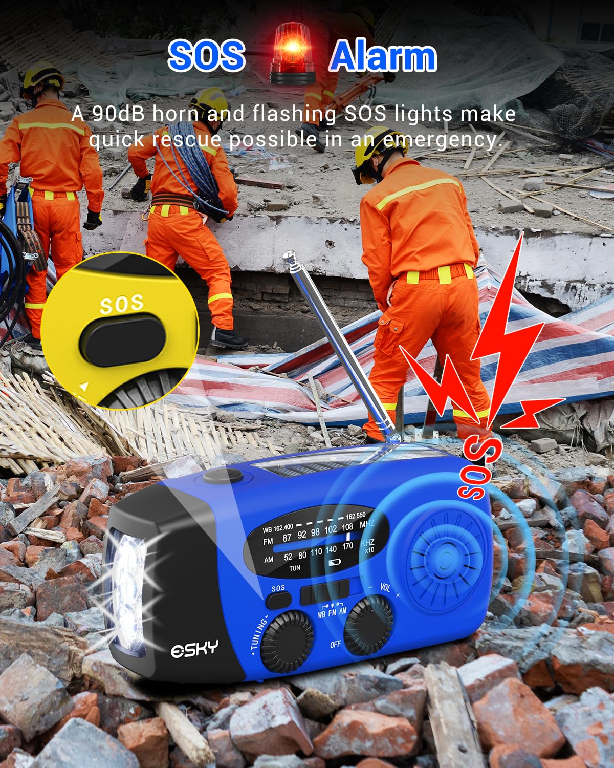 Esky Emergency Hand Crank Radio with 3 LED Flashlight, AM/FM/NOAA Portable Weather Radio with 2000mAh Power Bank Phone Charger, Solar Powered USB Rechargeable Radio for Indoor Outdoor Camping, Blue - Image 4
