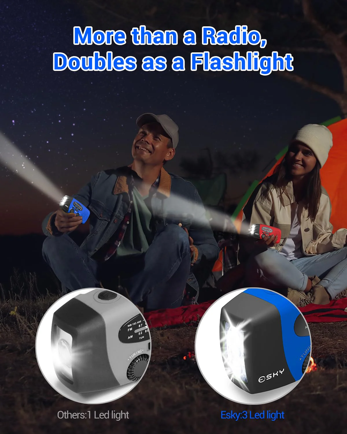 Esky Emergency Hand Crank Radio with 3 LED Flashlight, AM/FM/NOAA Portable Weather Radio with 2000mAh Power Bank Phone Charger, Solar Powered USB Rechargeable Radio for Indoor Outdoor Camping, Blue - Image 5